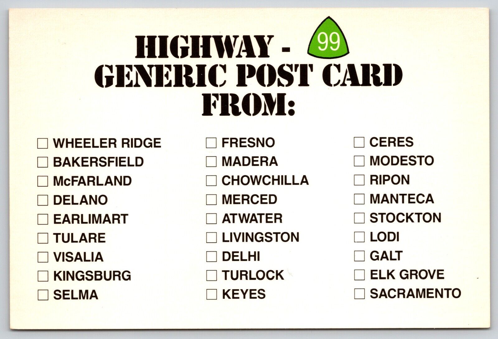 Postcard Highway 99 Generic Post Card Roads California