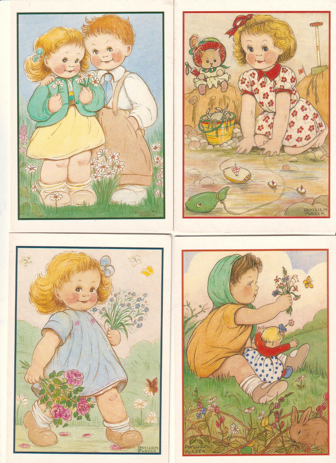 lot of 4 unmailed Salmon Watercolour children post cards Phyllis M Purser