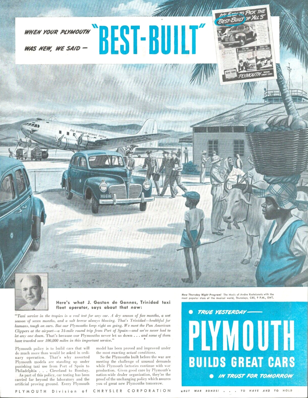 1945 CHRYSLER PLYMOUTH  print ad Taxi Pan Am Airways automobile