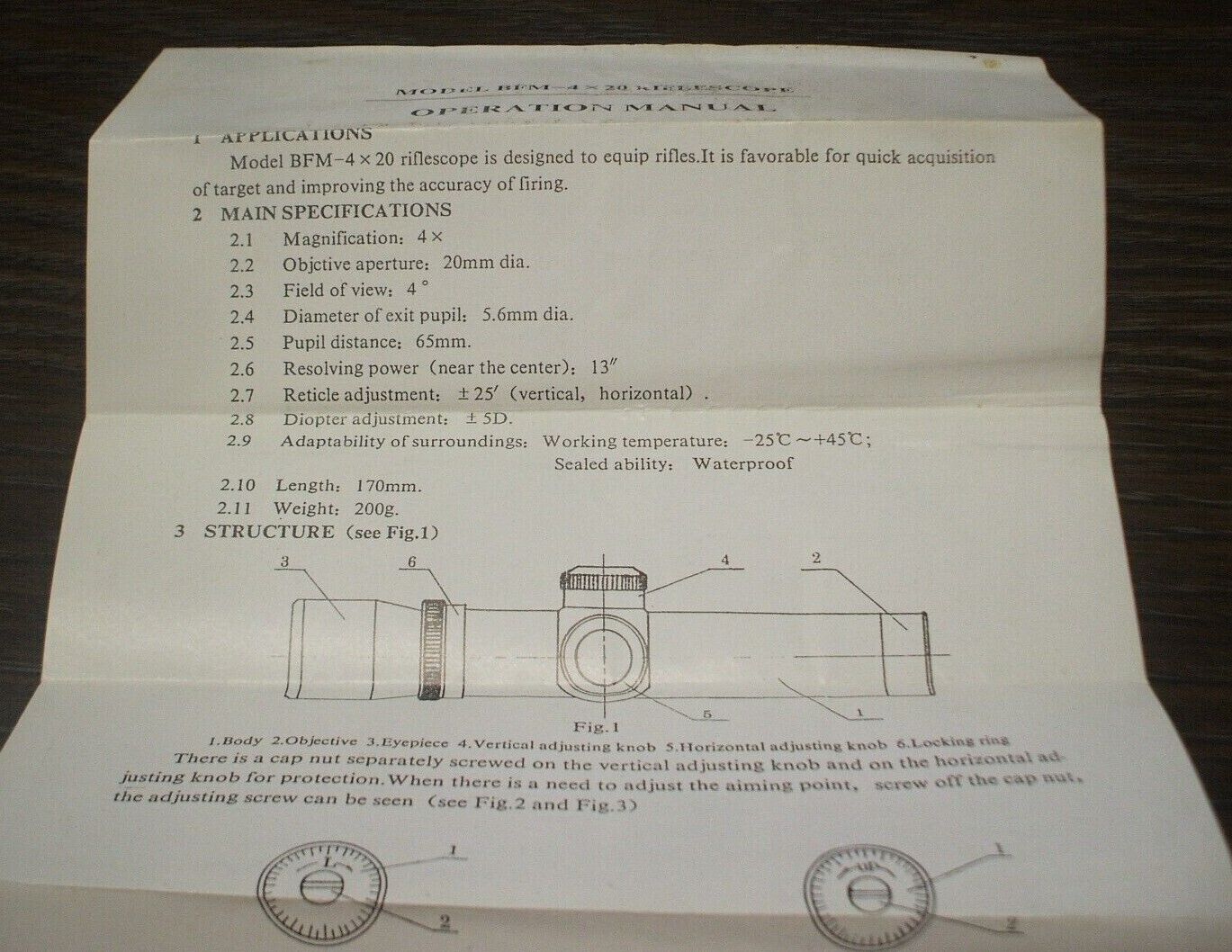 UNDATED BFM 4X20 RIFLESCOPE Operation Manual Brochure