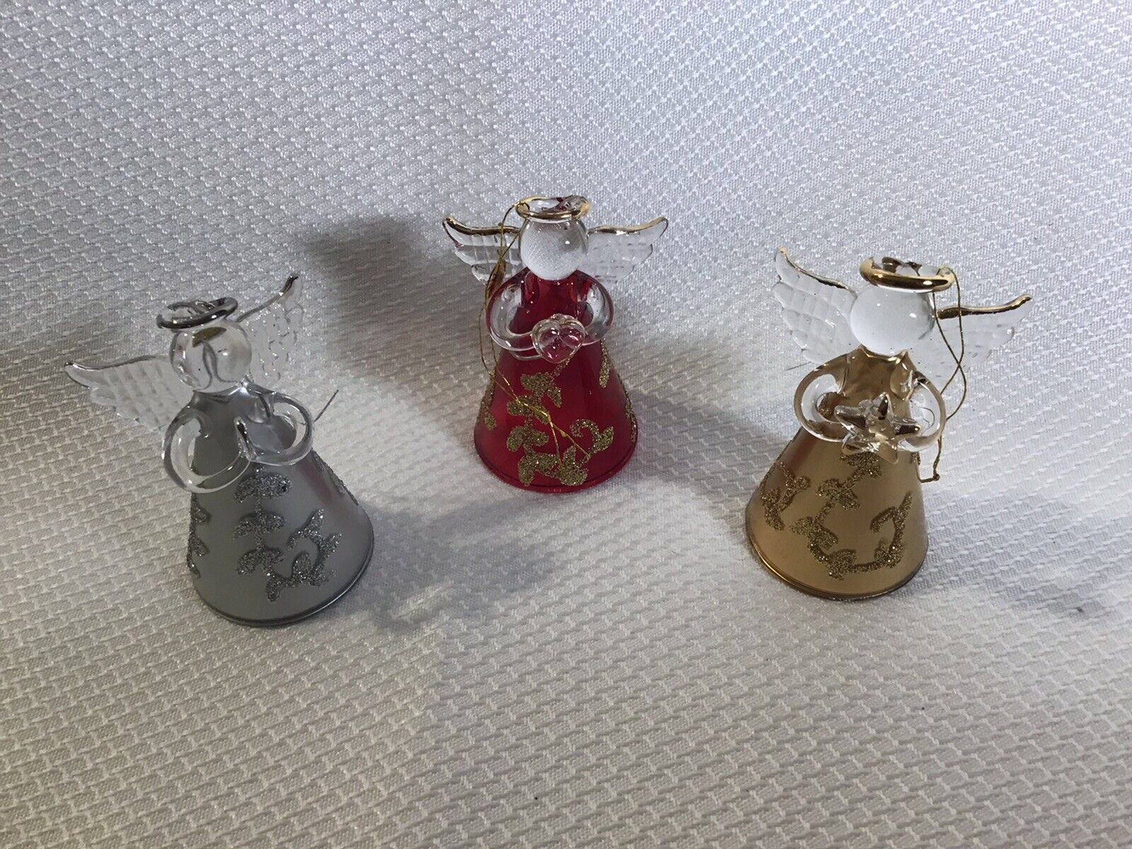3 Angel Glass Ornaments Glitter Accents Stradivo LLC Silver Red Gold