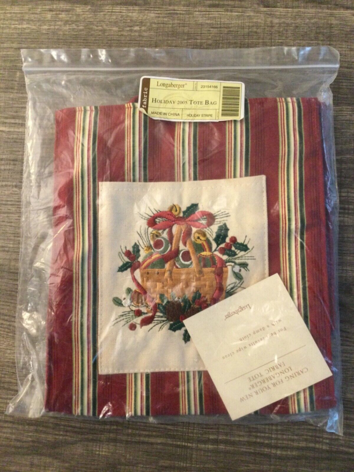 Longaberger Holiday Stripe Tote Bag 2005 Embroidered Pocket Gift Bag NWT