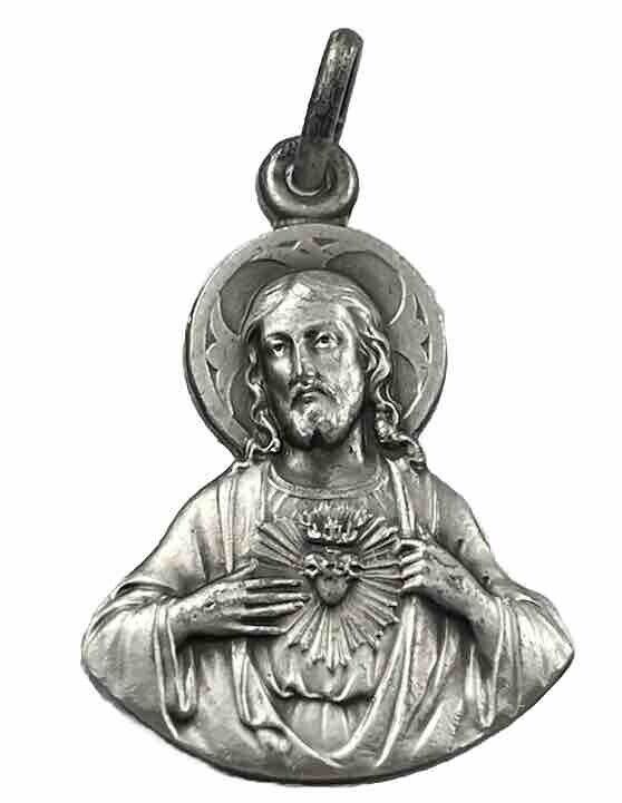 Vintage Catholic Sacred Heart of Jesus Silver Tone  Religious Medal
