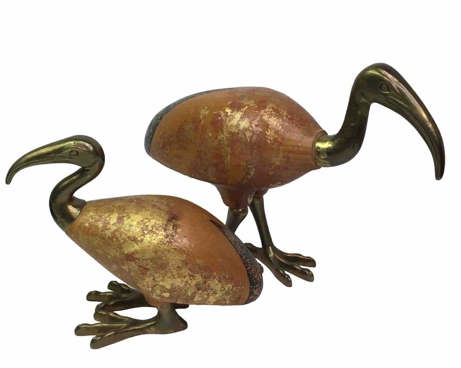 Pair Of MCM Italian Ibis Birds Brass And Solid Wood Sculptures Gold Gilt 