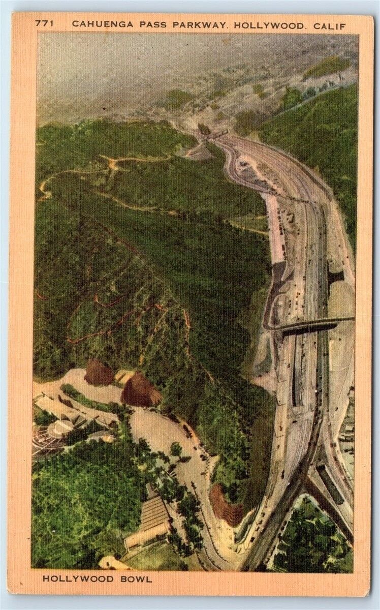 Postcard Cahuenga Pass Parkway, Hollywood CA linen aerial G122
