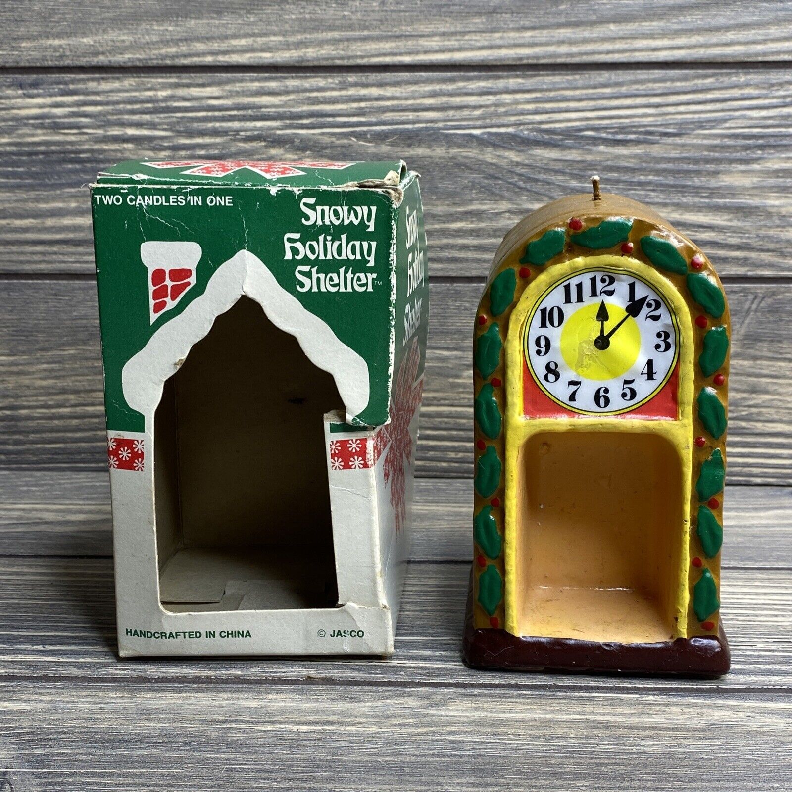 Vintage Jasco Snowy Holiday Shelter Handcrafted Candle Clock Holly Leaves 5”