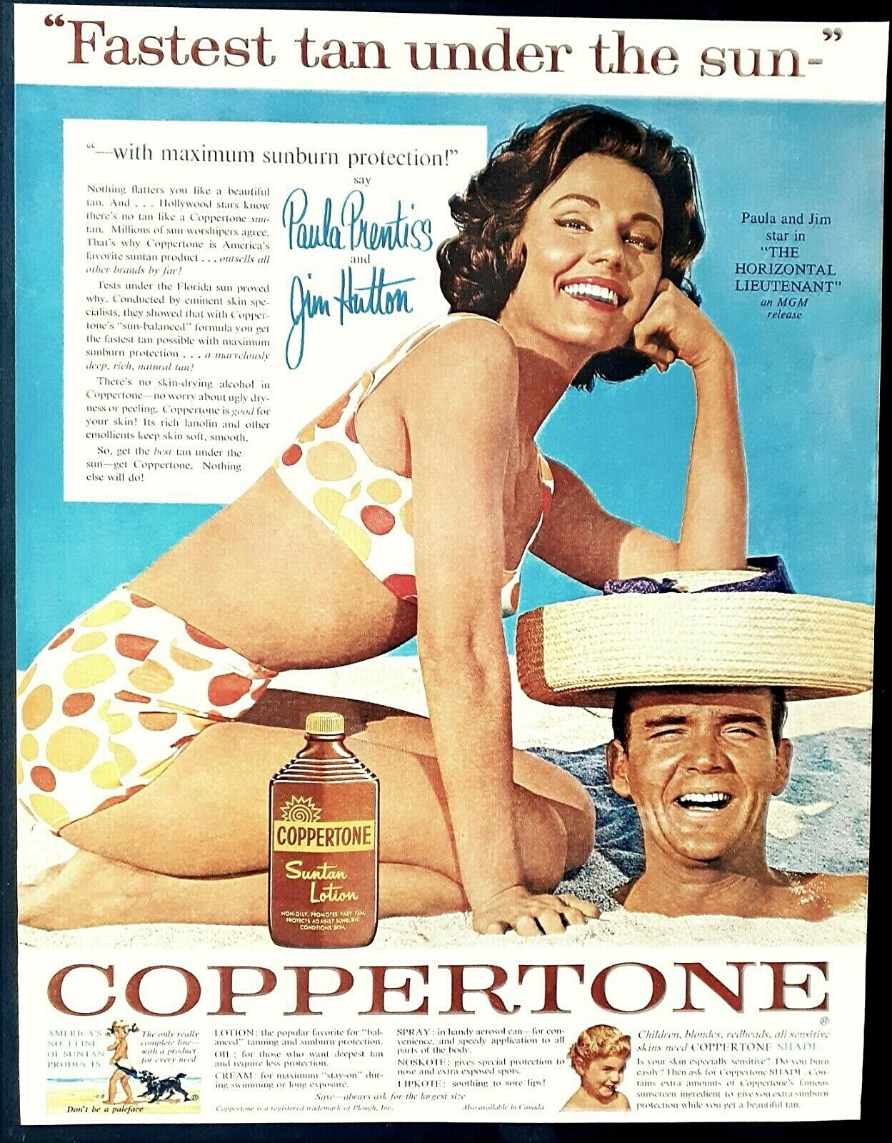 Coppertone suntan lotion ad vtg 1962 Paula Prentiss Jim Hutton advertisement 