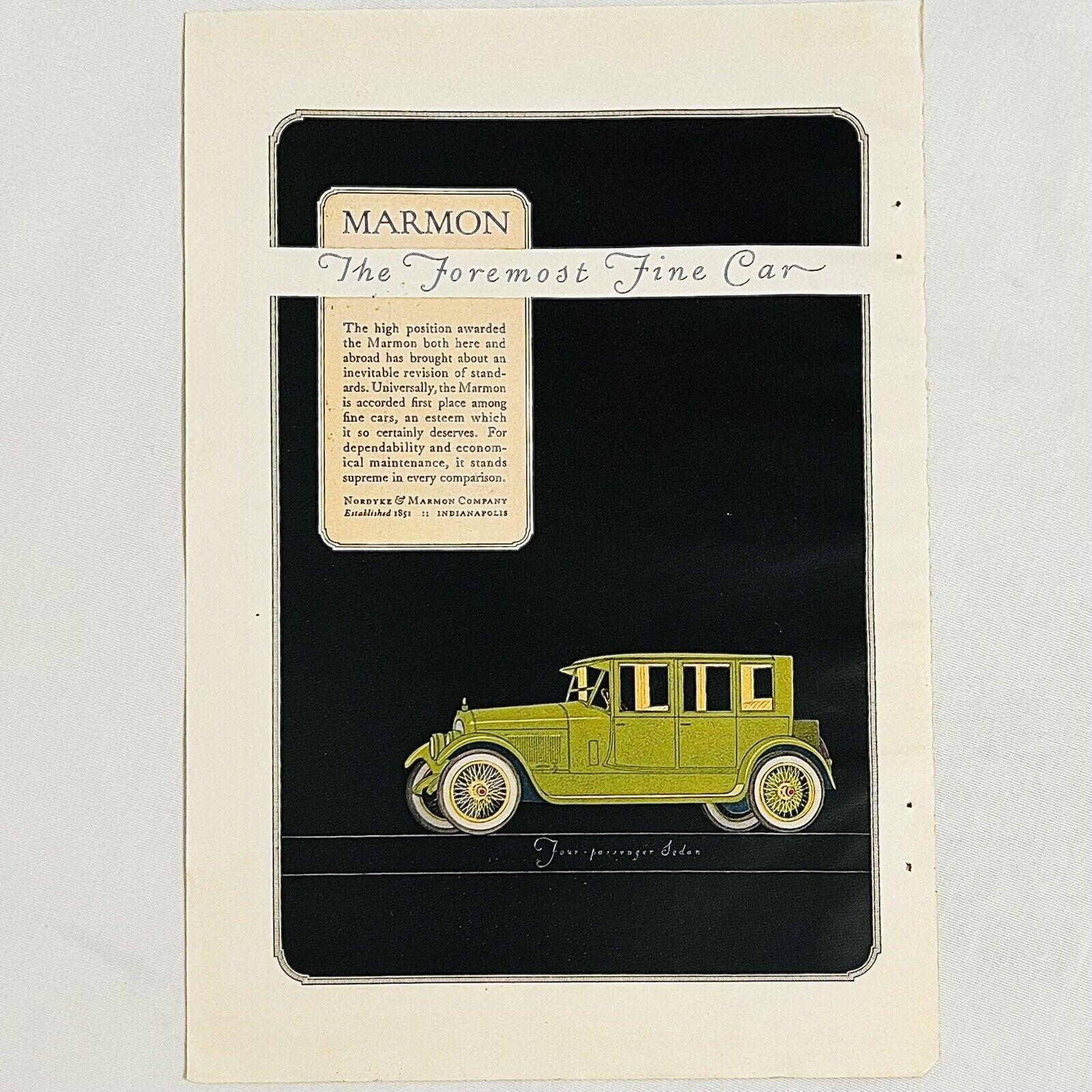 Vintage 1922 Marmon Four Passenger Sedan Car Automobile Print Ad Indianapolis In
