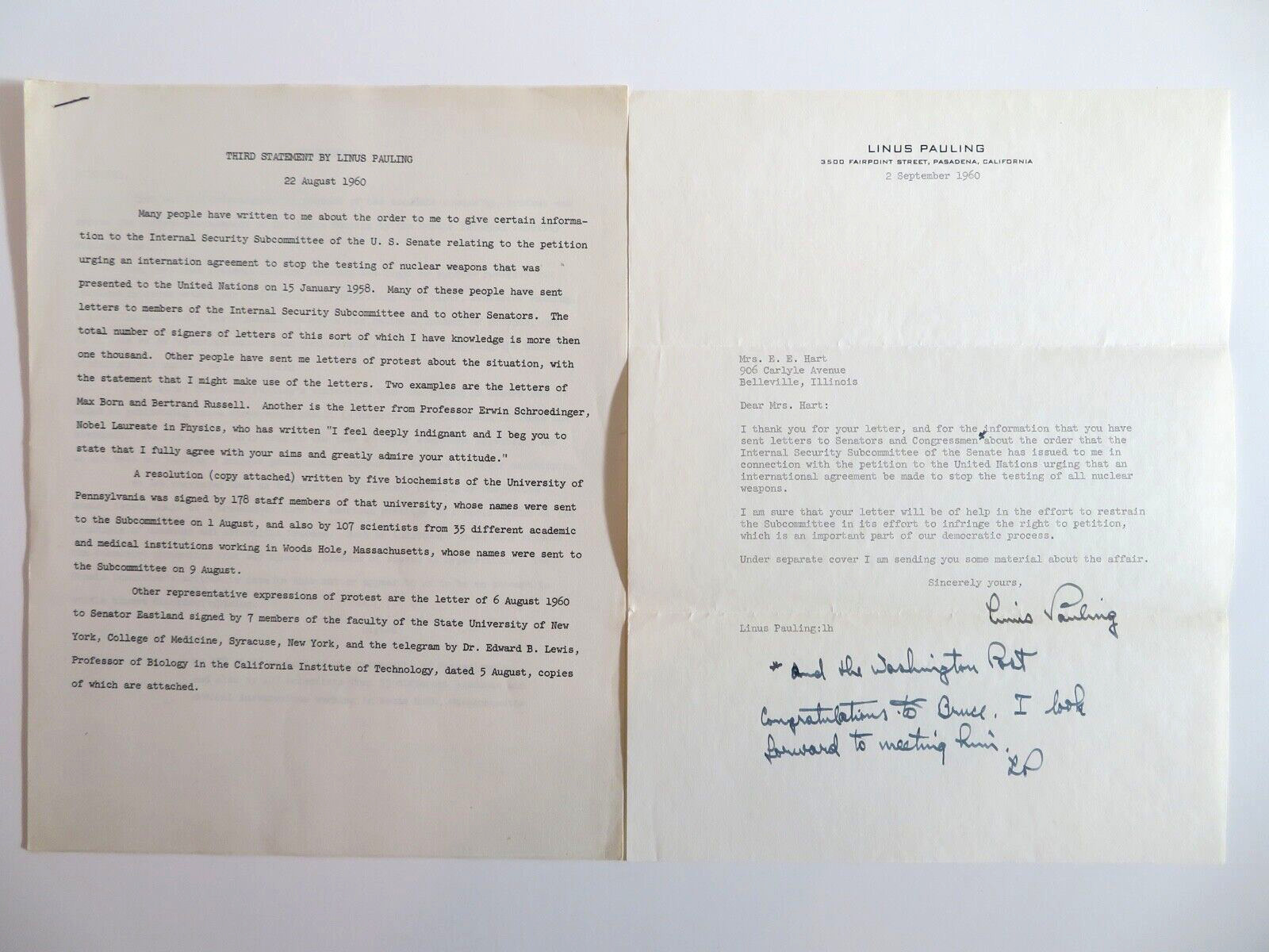 LINUS PAULING - TYPED LETTER SIGNED 09/02/1960, Nuclear Testing, United Nations