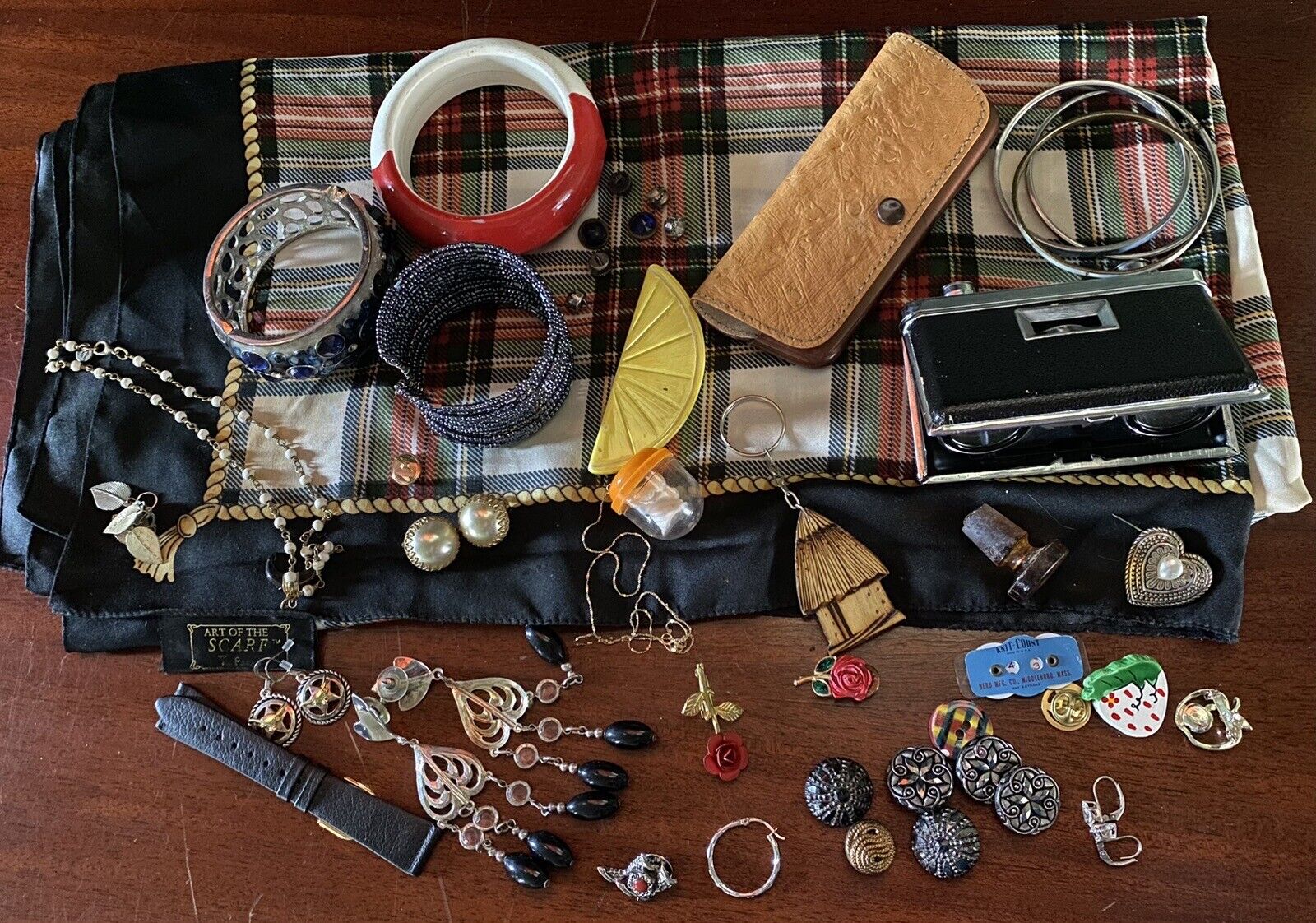Vintage JUNK DRAWER Binoculars Jewelry Scarf LOT Smalls Collectables Trinkets