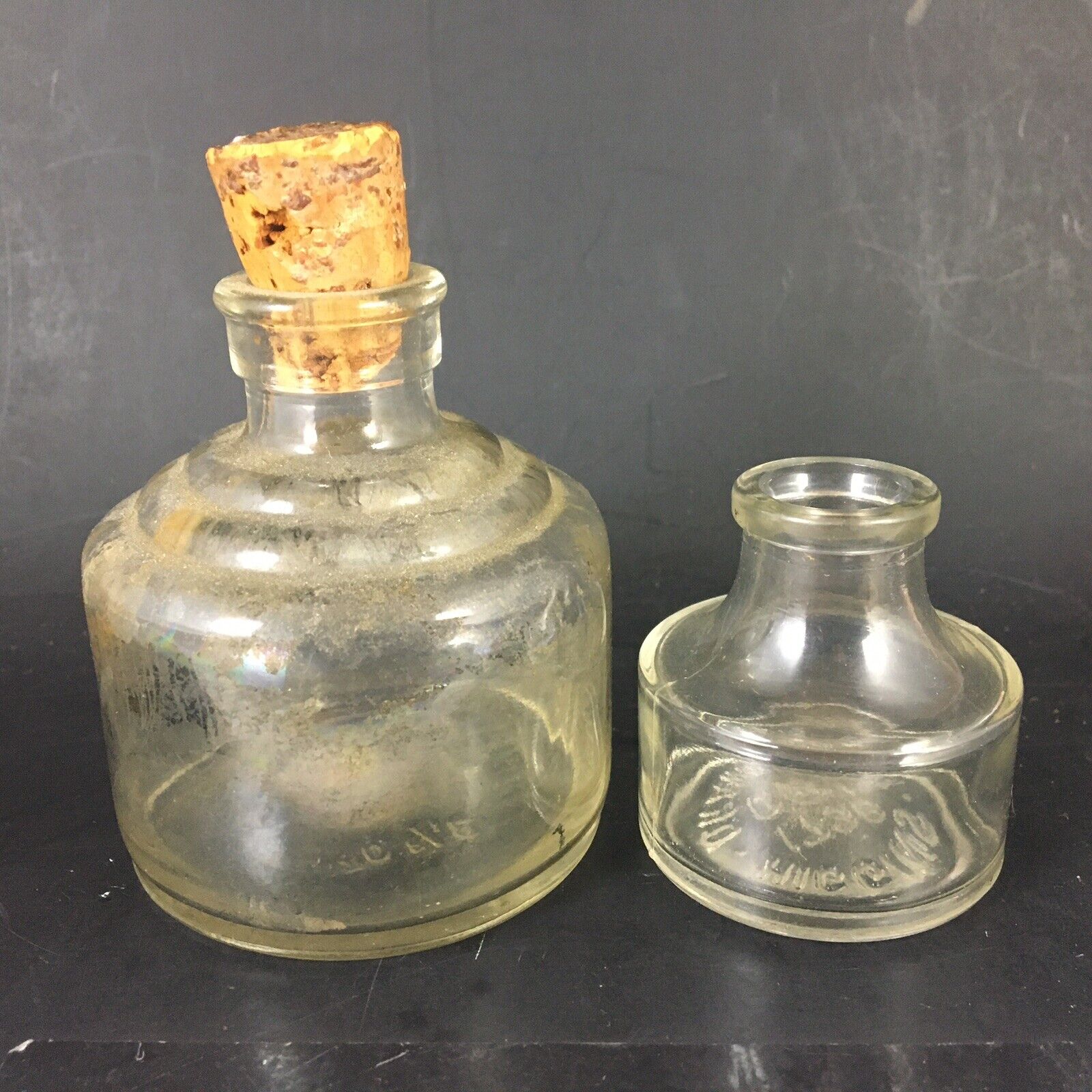 Antique Higgins Inkwells Bottle Glass EUC Lot Pair Drawing Ink USA Decor Display