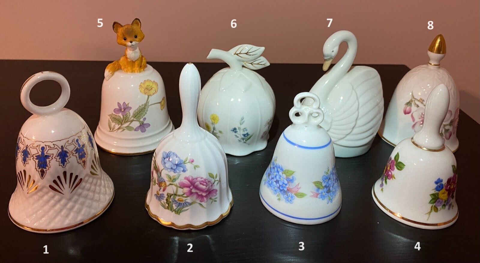 Vintage Lot of 8 Porcelain Dinner Bells Various Designs