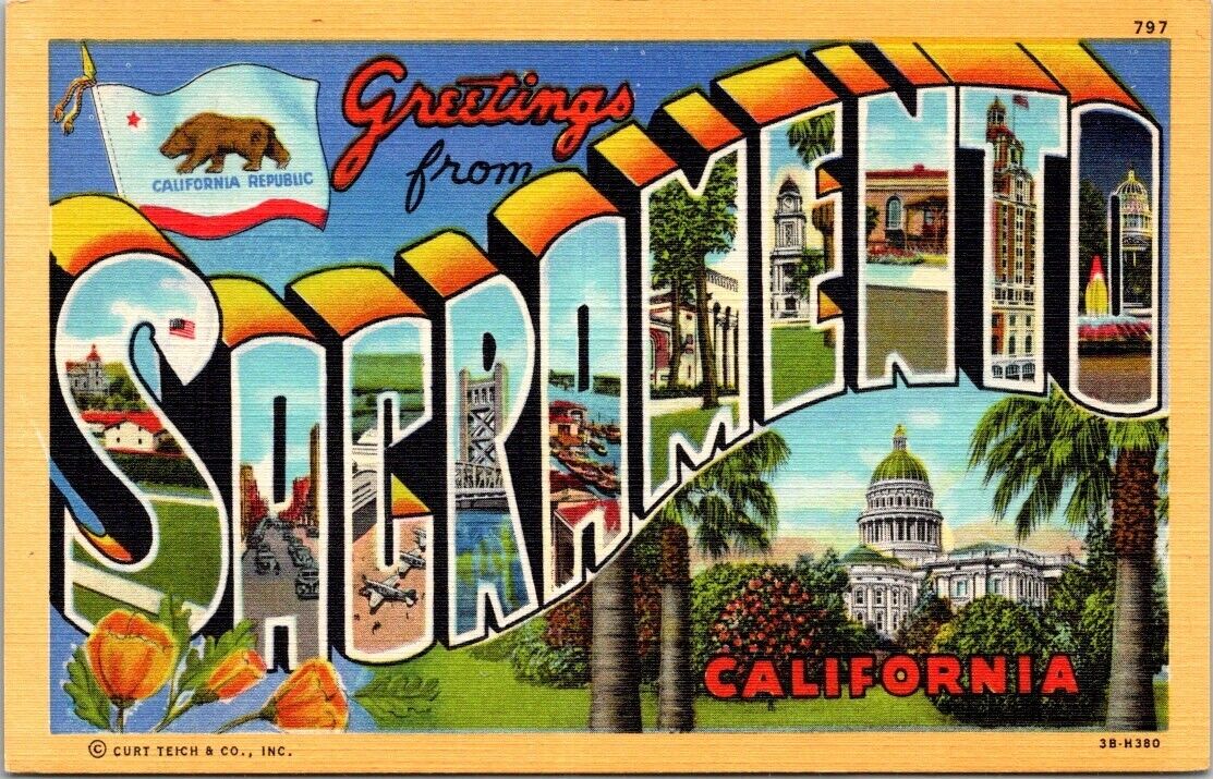 Sacramento California Greetings Large Letter River Tower Bridge Vintage Postcard