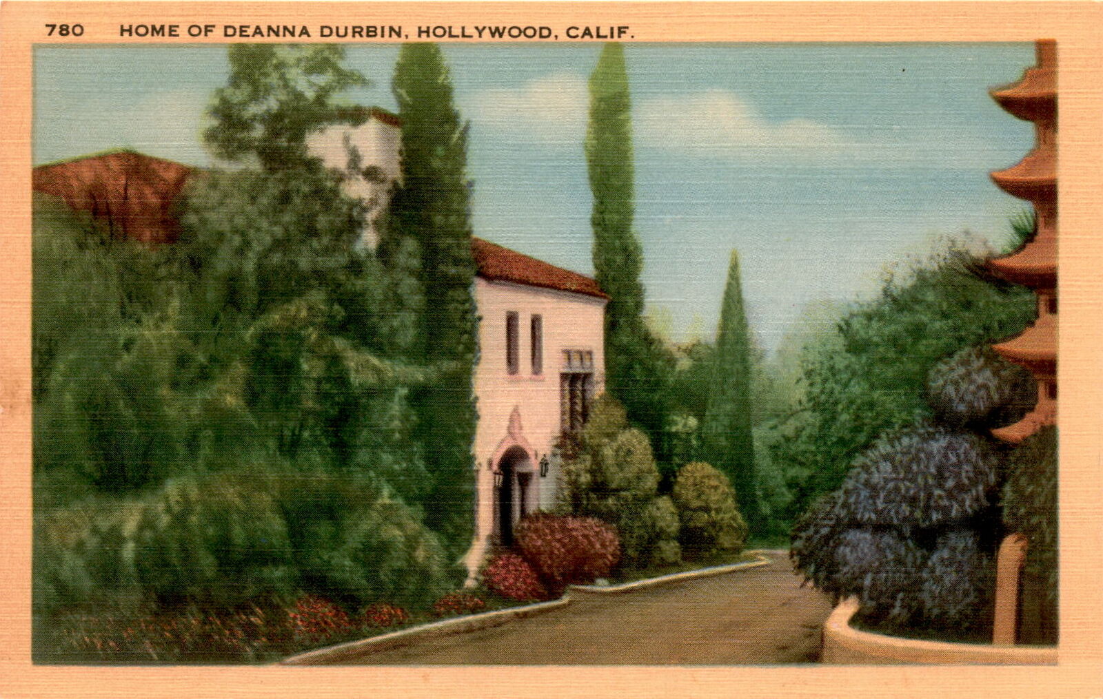 Vintage postcard of Deanna Durbin\'s Hollywood home.