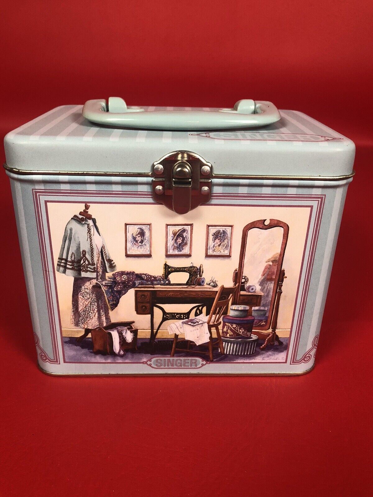 Singer Sewing Box Tin With Handle Blue Vintage-Style Graphics - 6\