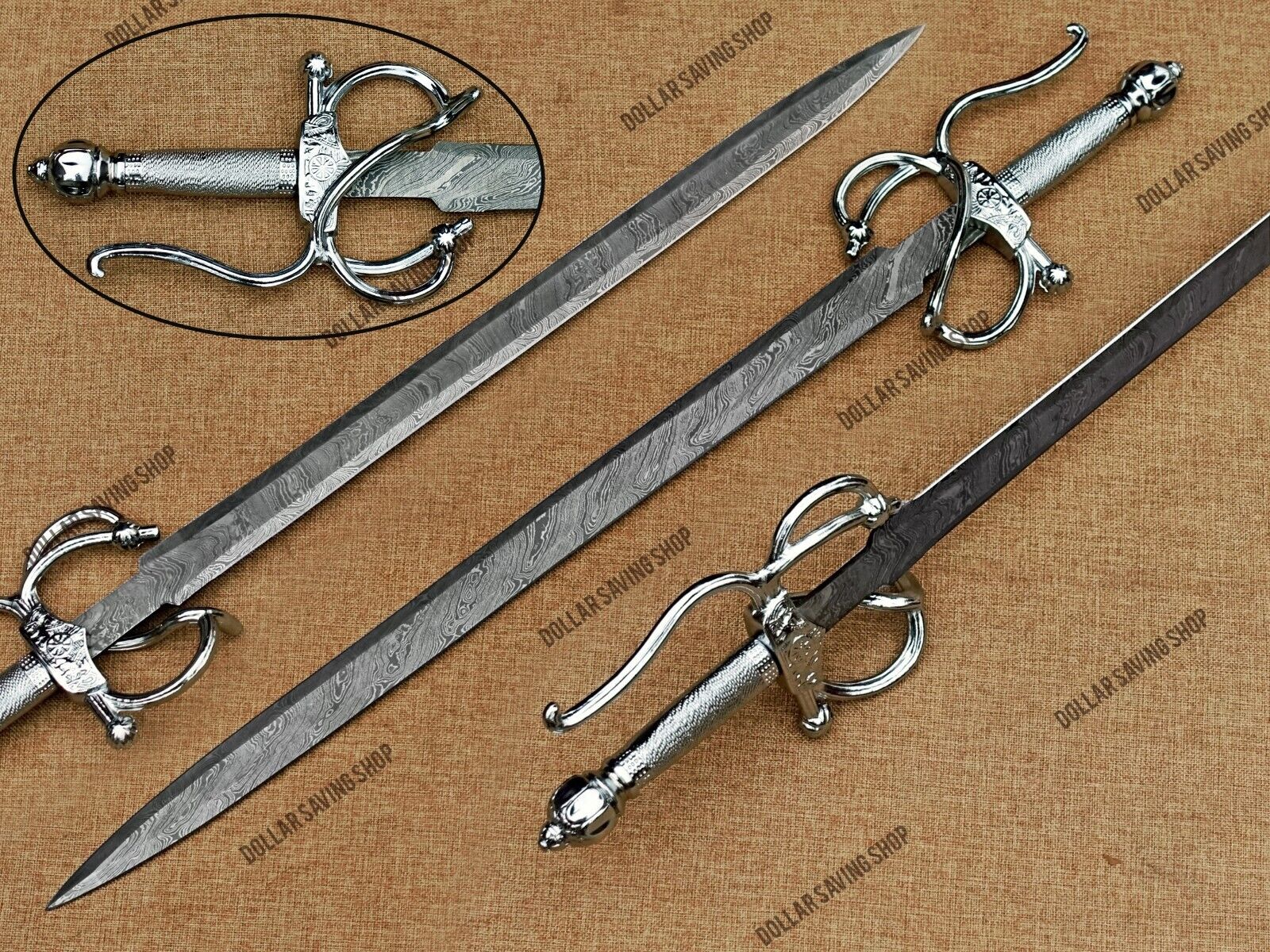 Fully Handmade Damascus Steel Medieval / Rapier Sword With Leather Sheath.