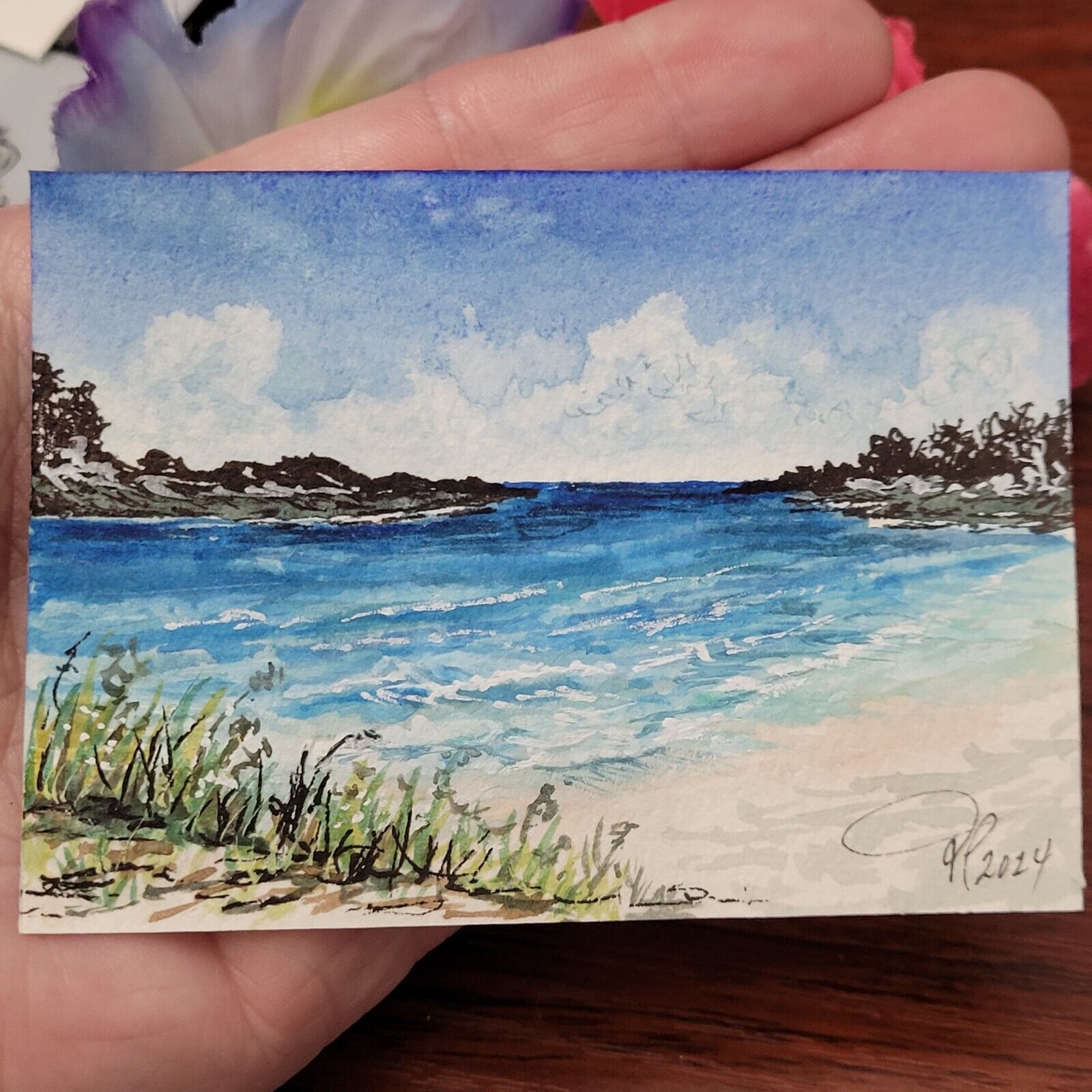 ACEO Original Painting Watercolor Seascape Beach Art Miniature Signed By Artist