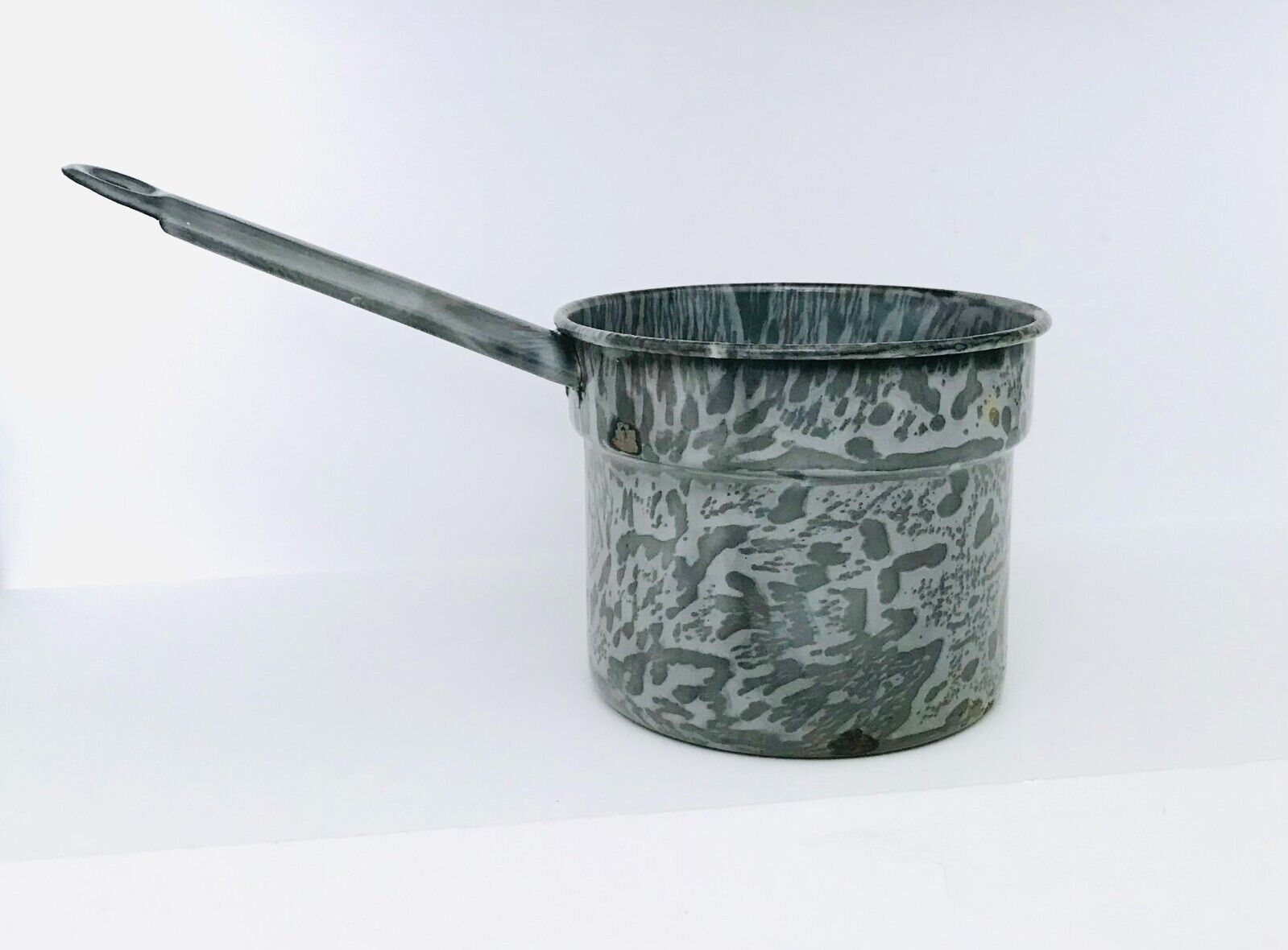 Antique Gray Mottled Graniteware Enamelware Saucepan Grey Handled Cooking Pot