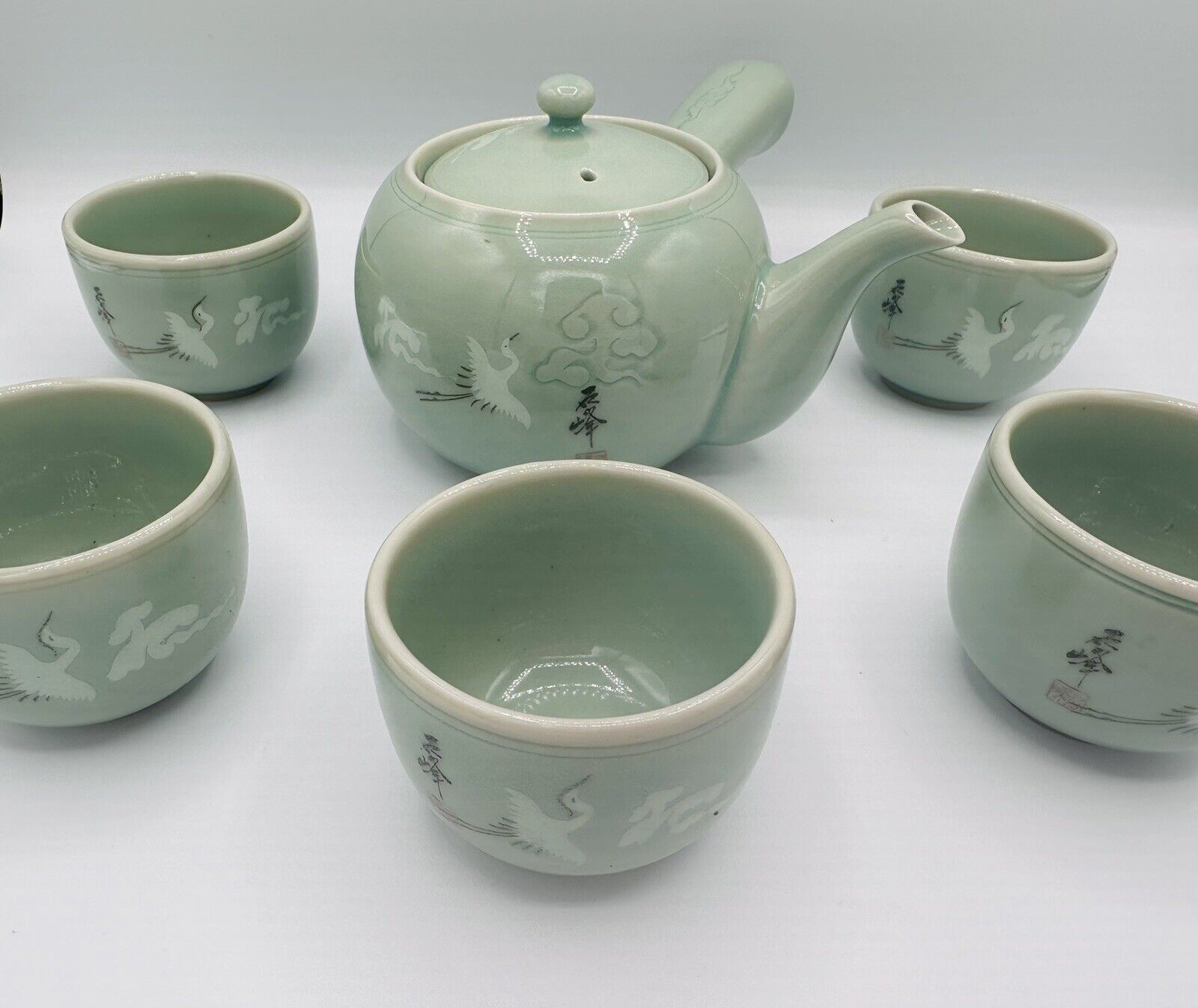 Vintage Handmade Six-Piece Korean Celadon Tea Set with Clouds & Cranes design