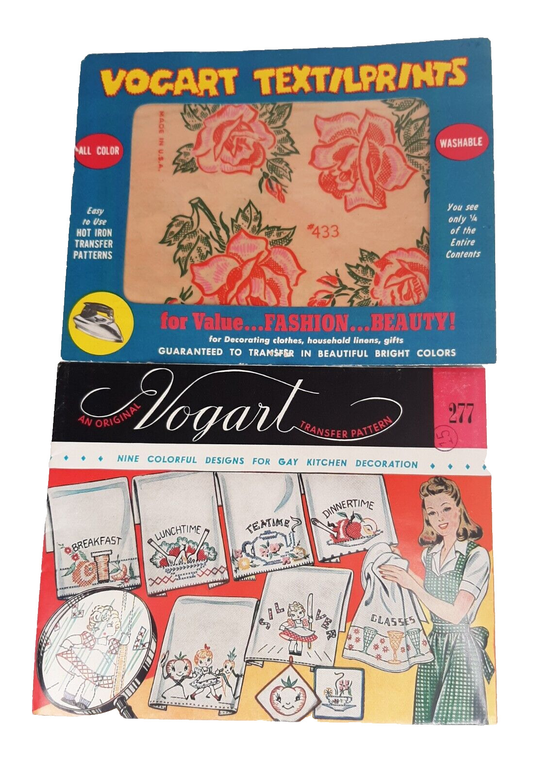 Vogart Textilprints Hot Iron Transfers Color Lot of Vintage 1950 Kitchen & Roses