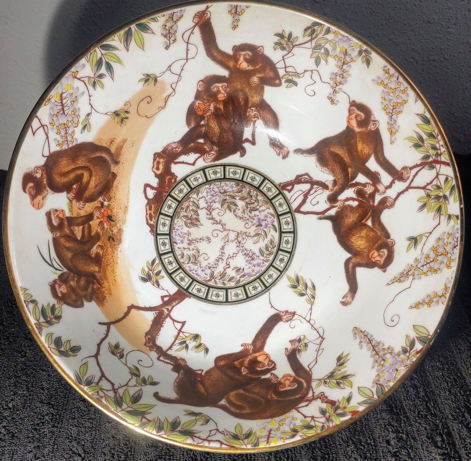 1980s Chinoiserie Porcelain Decorative Bowl With Monkeys,Trees,and Florals