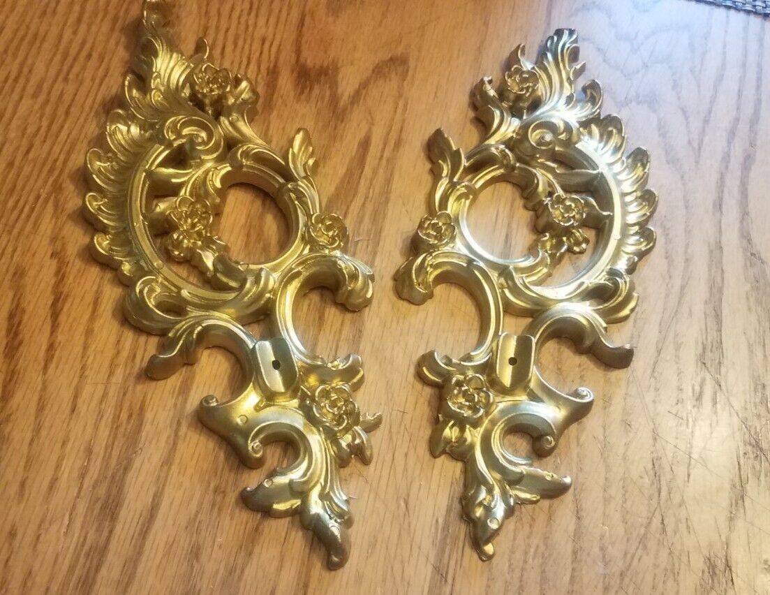 Pair of Vintage GOLD SYROCO Wall Plaques~Floral & Acanthus Leaf