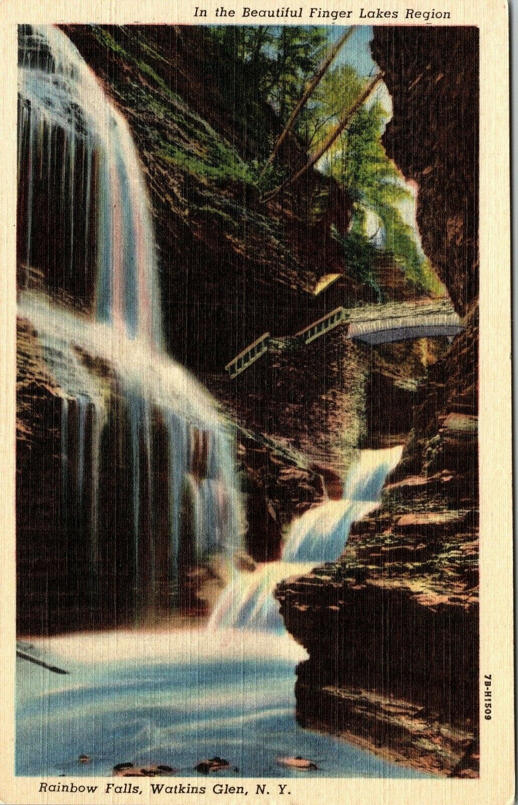 Watkins Glen New York Rainbow Falls Finger Lakes Region Vintage Postcard