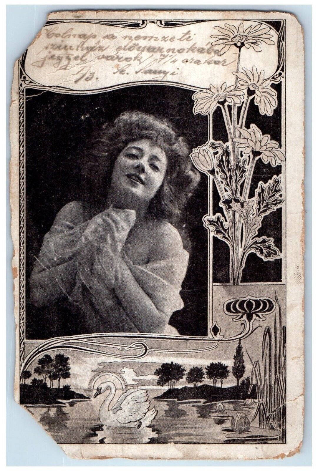 c1905 Pretty Woman Poinsettia Flowers Swan Art Nouveau Posted Antique Postcard
