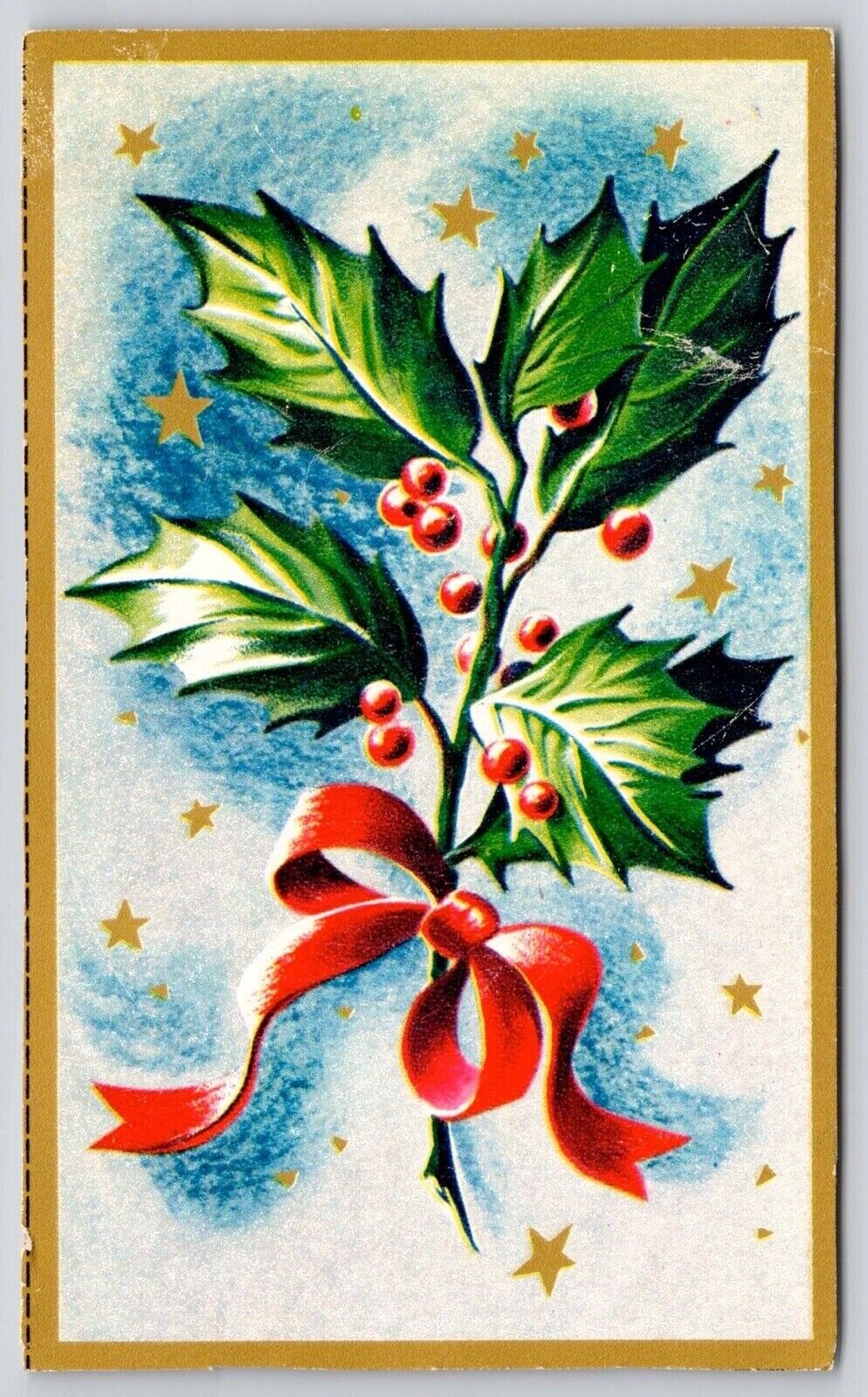 Happy Holidays Holly Gold Bordered Postcard UNP VTG Unused Vintage