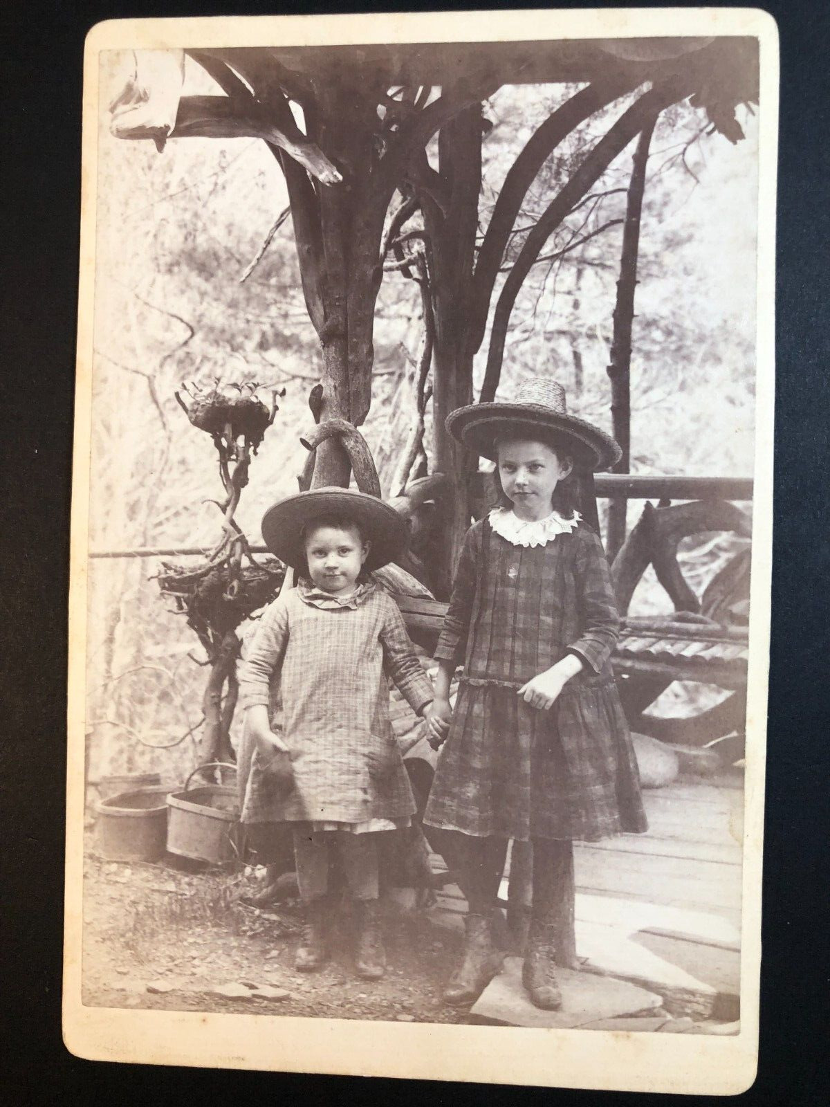 Two Pretty Little Girls, Hats, Pinafore, c1870s, Cabinet Photo #CP139