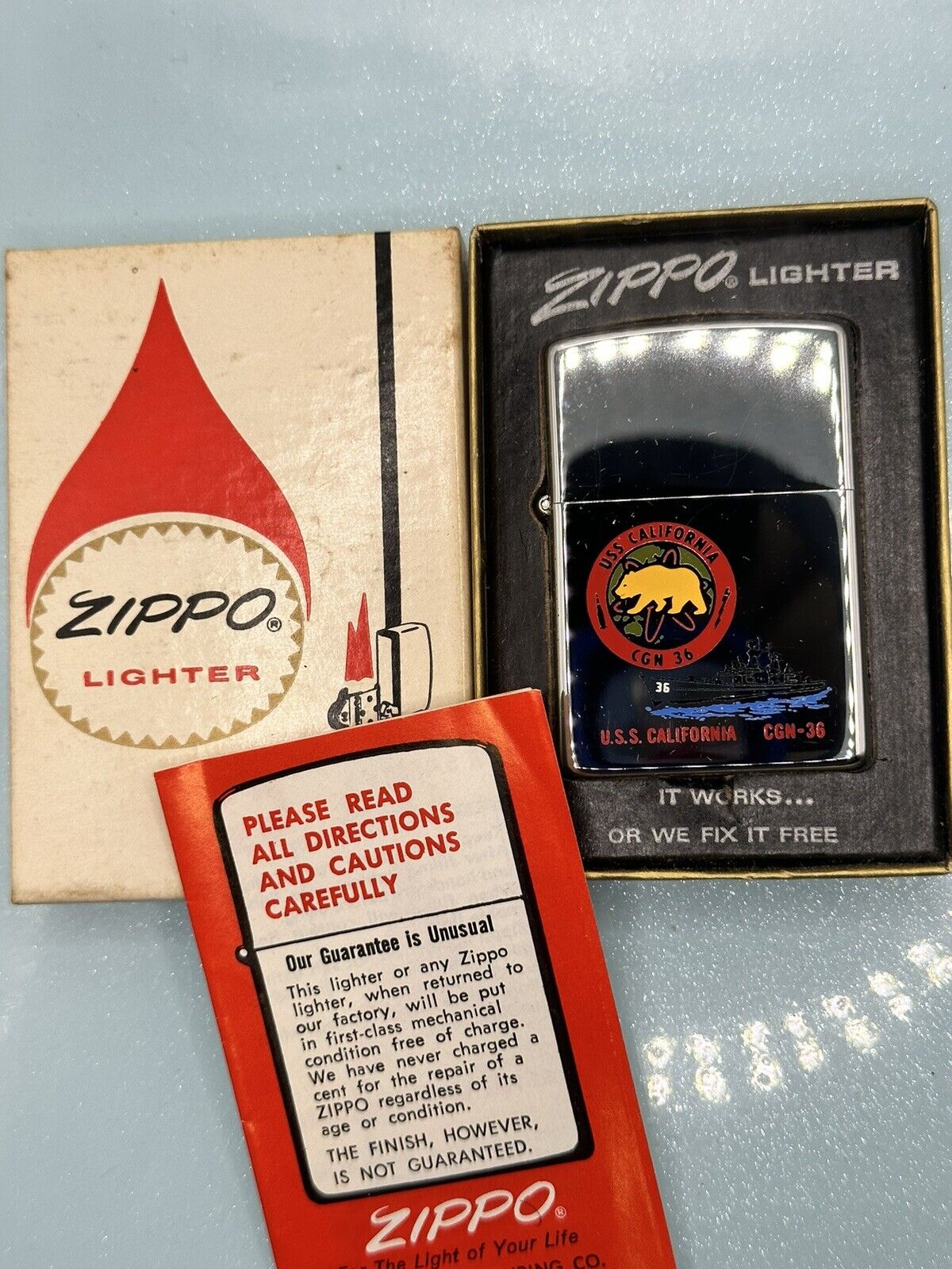 Vintage 1977 U.S.S. California CGN-36 High Polish Chrome Zippo Lighter NEW