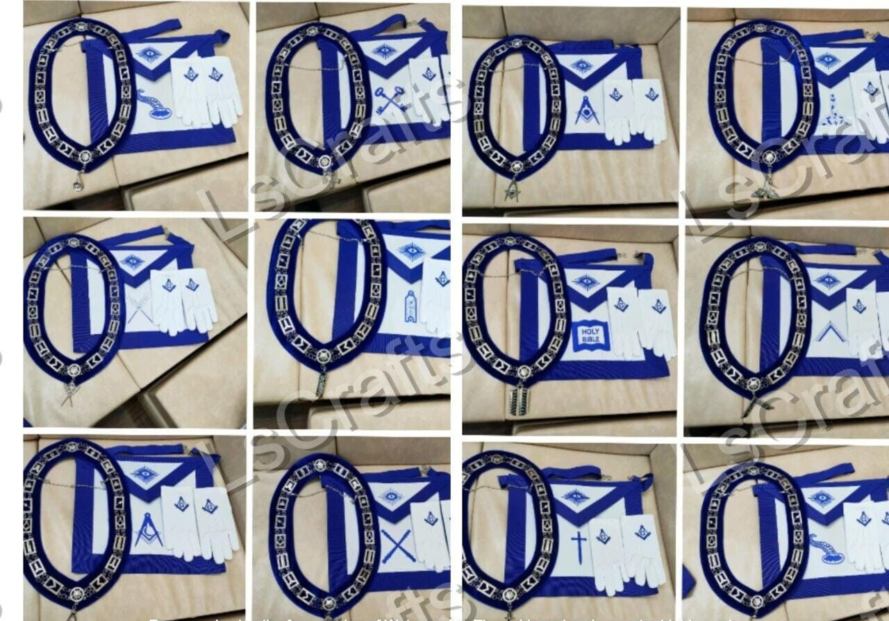 Masonic Regalia Blue Lodge Officers Apron, Chain Collar & Gloves Set of 12 PCS