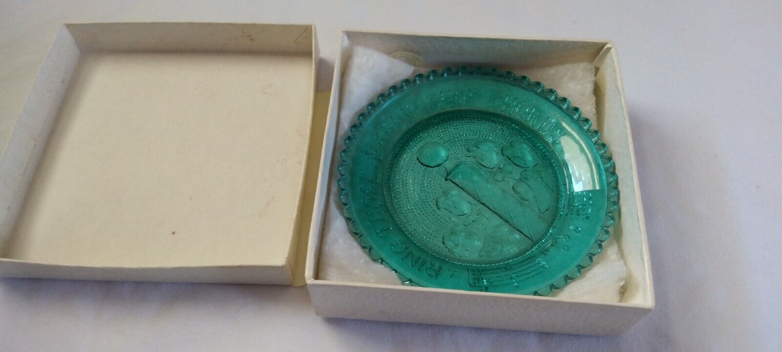 Vintage Pairpoint Glass Cup Plate SANDWICH Ring those Barbershop Chords Green