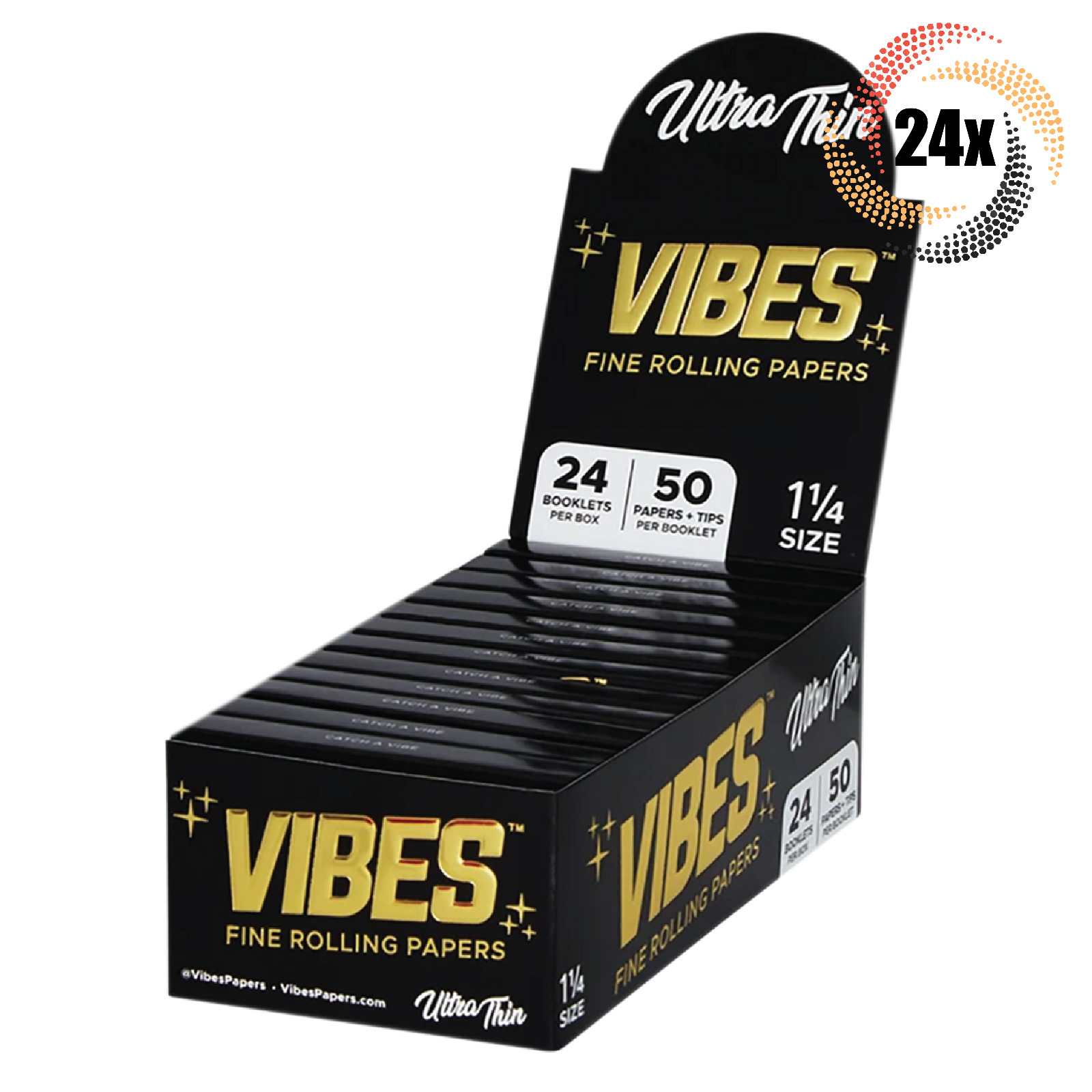 Full Box 24x Packs Vibes Black Fine Rolling Papers & Tips 1 1/4 | + 2 Free Tubes