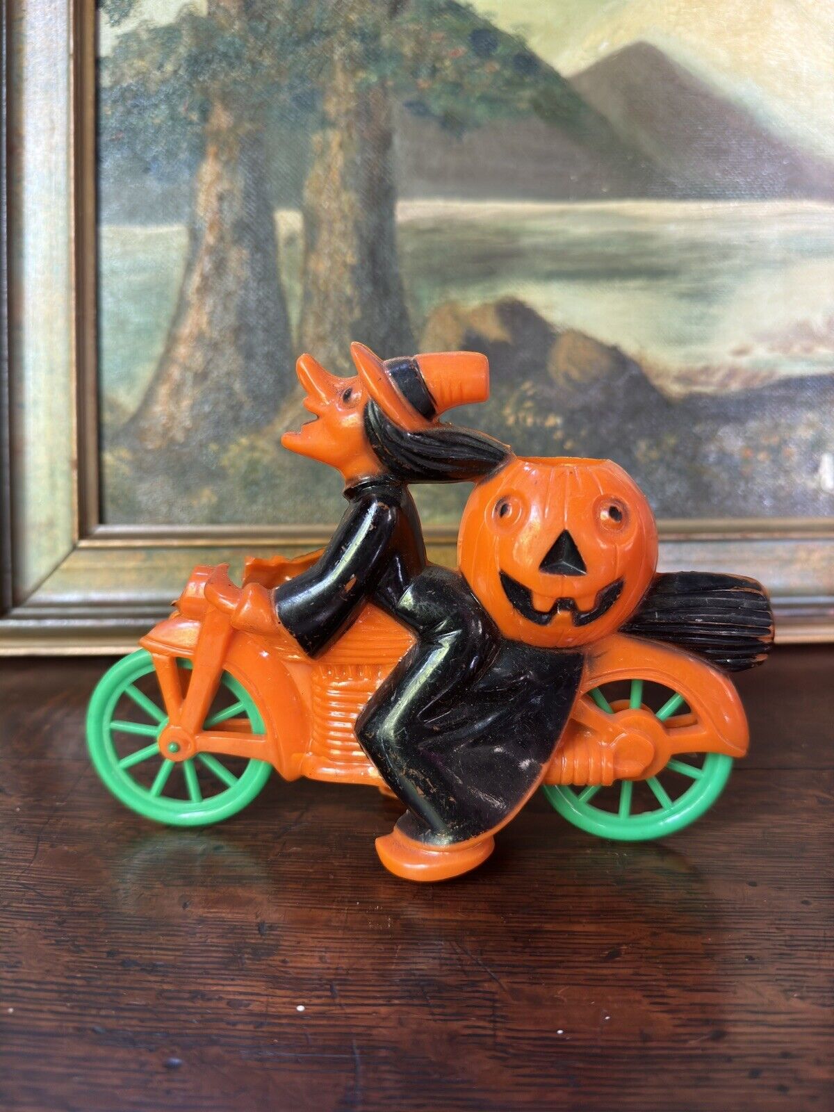 Vintage Halloween Rosbro Witch On A Motorcycle Candy Container.
