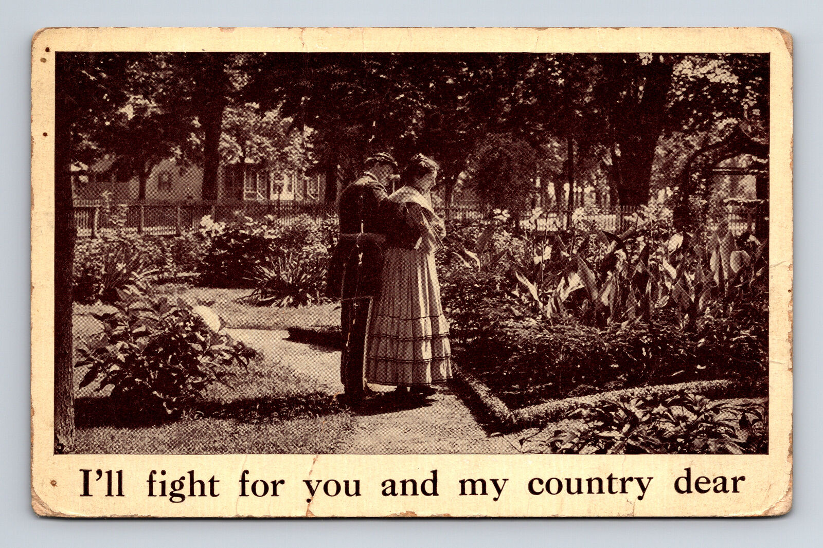 c1910 I\'ll Fight For You and My Country Dear Man Woman Garden Postcard