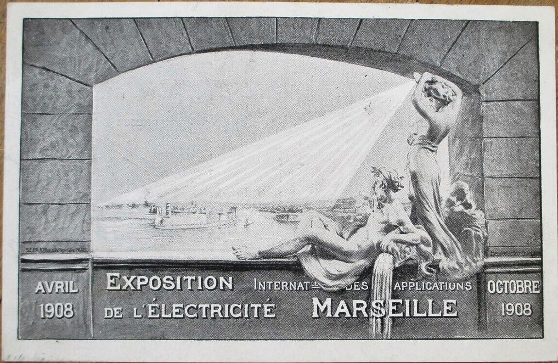 Marseille France 1908 Electric Exposition Advertising Postcard with Poster Stamp