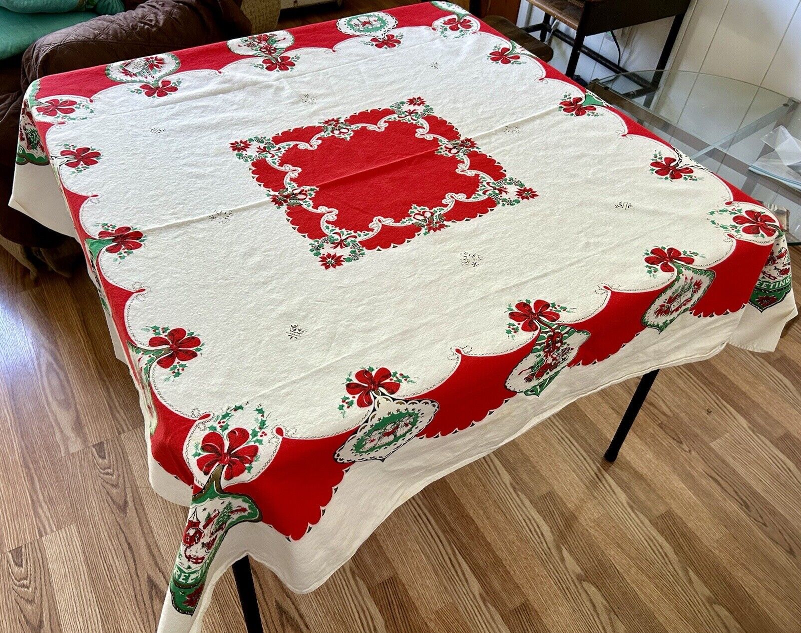 Vintage 60s Christmas Tablecloth Square Red Green White 48” x 50”  Stains