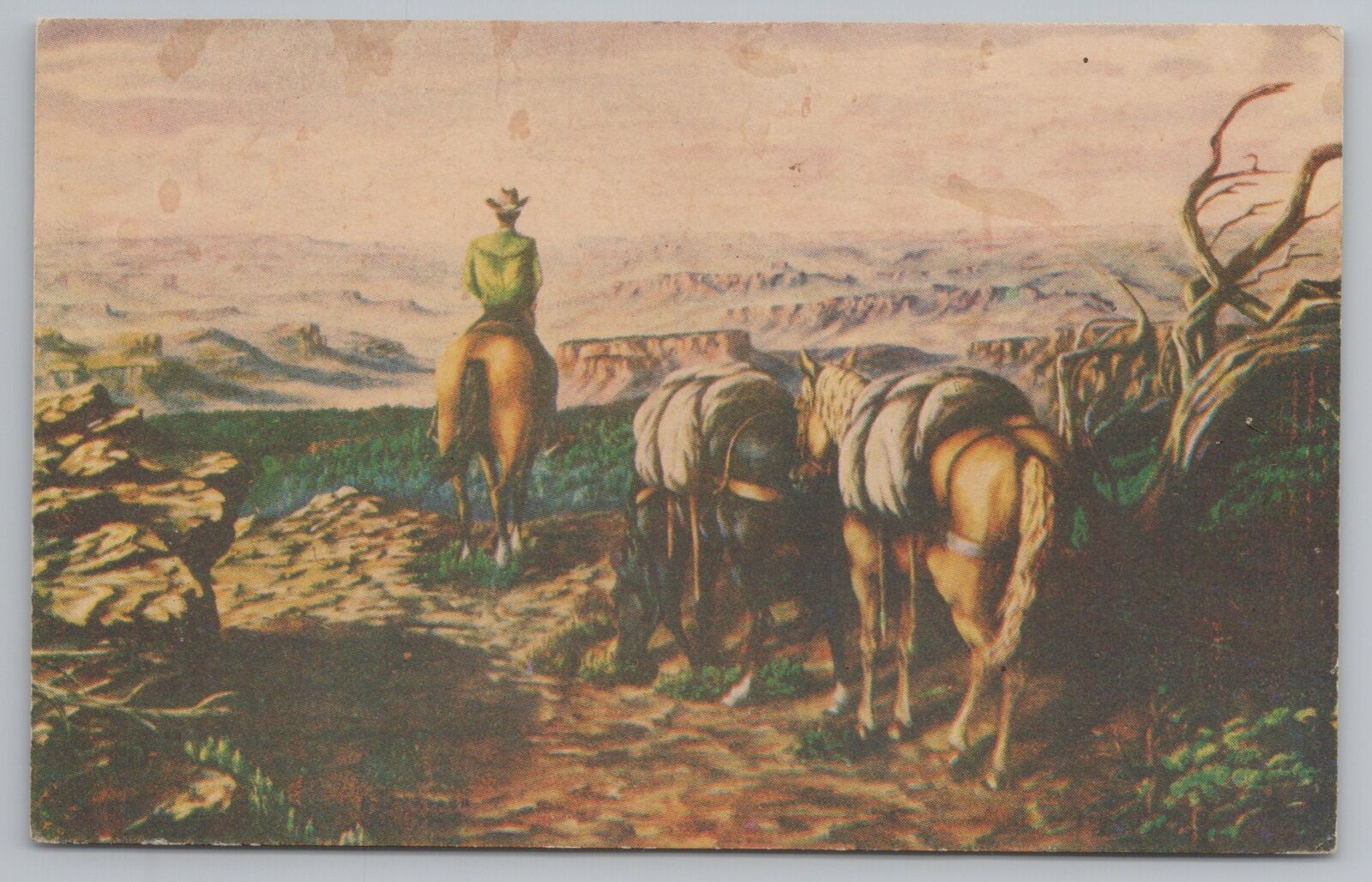 Western~Artist Dot Larsen~Land Of Tomorrow~Cowboy w/Pack Horses & View~Vtg PC
