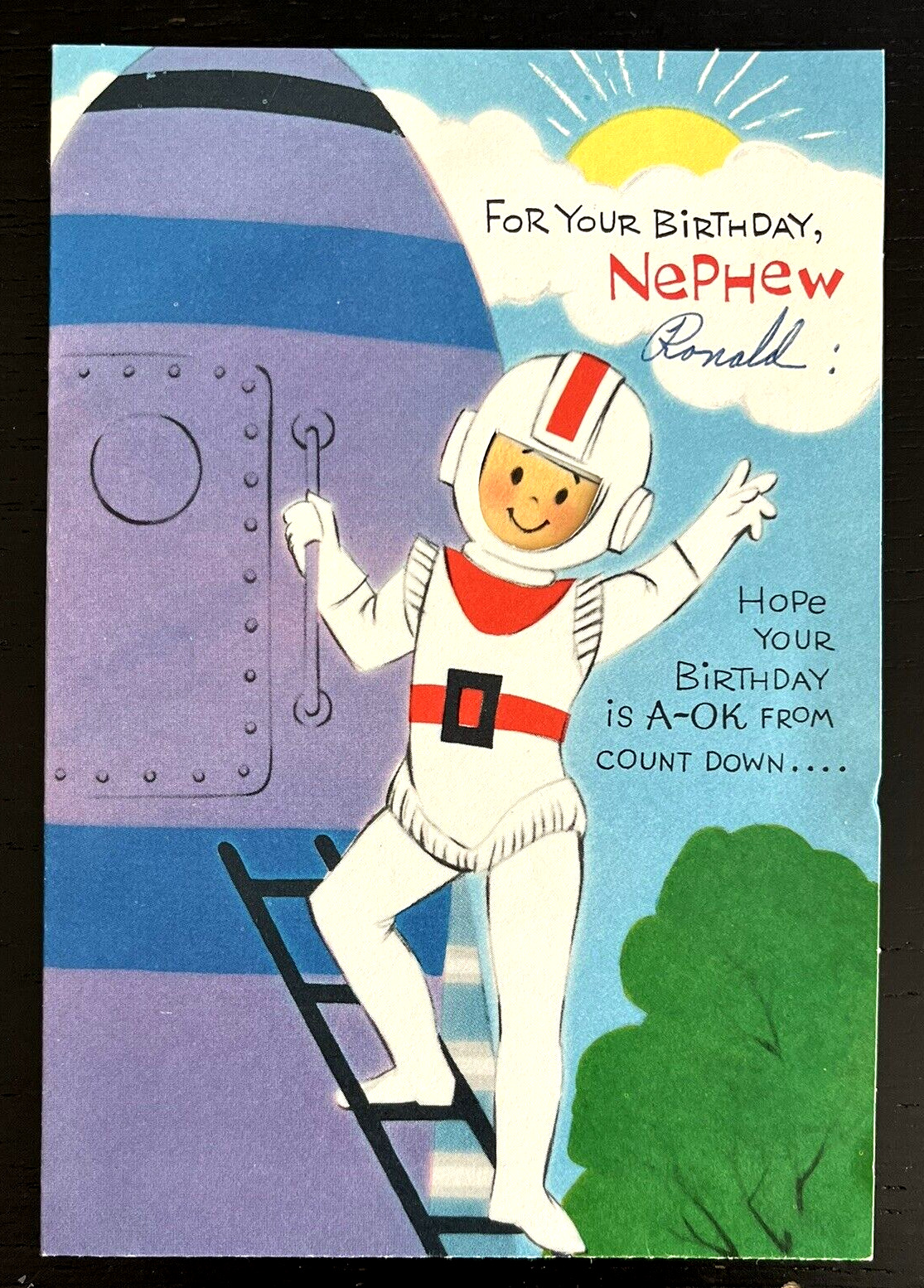 Vtg 60s Birthday Astronaut Spaceship Blast Cut Out Pop Up Window Greeting Card