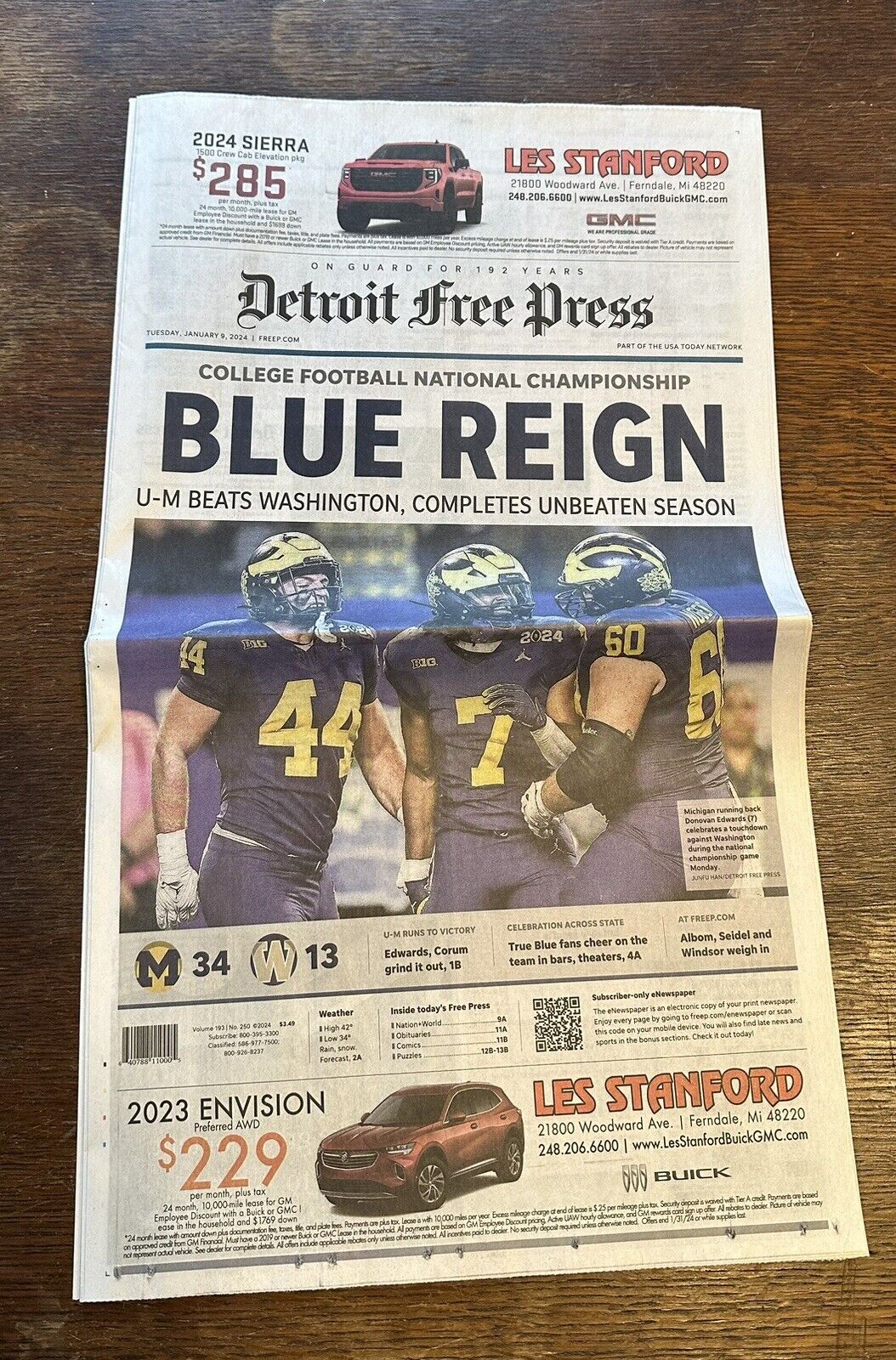 Michigan Wolverines National Champions BLUE REIGN Detroit Free Press 2024 1/9/24