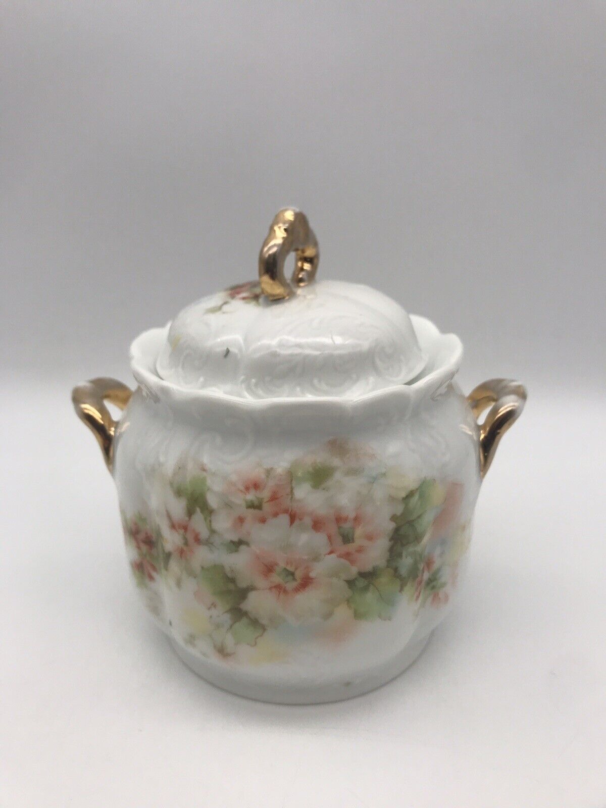Vintage SILESIEN Porcelain China Lidded Sugar Bowl Flowers Gold Trim