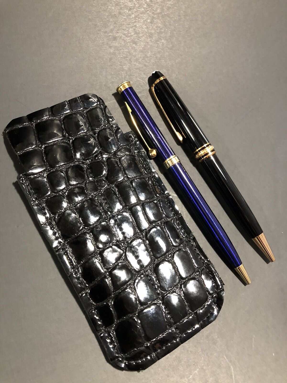 2 Pens Holder Genuine Embossed Crocodile Black Leather Sleeve Case Mont Blanc