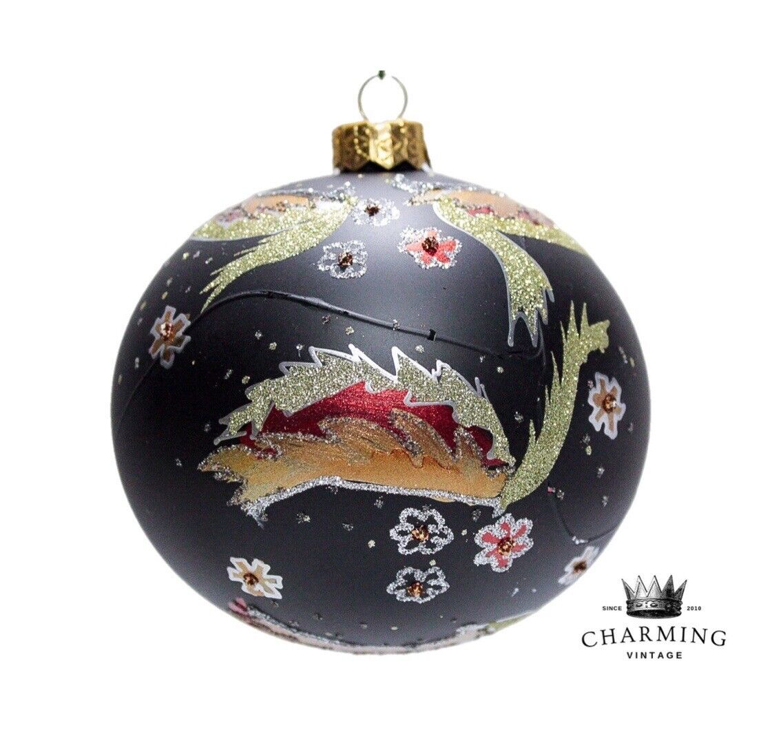 Vtg Hand Decorated Black Glittered Floral Large Glass Ball Christmas Ornament