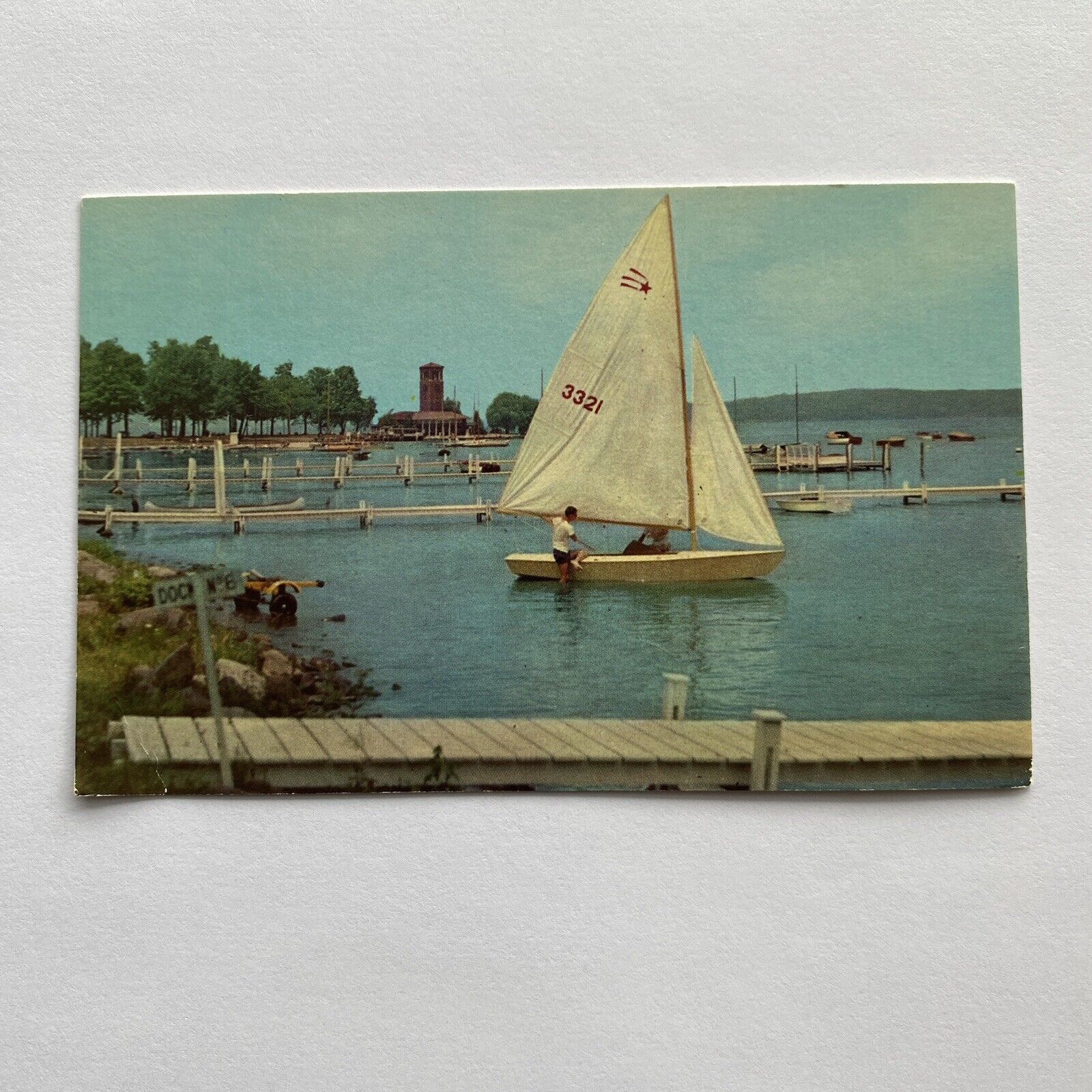 Chautauqua NY New York Shore Line Miller Bell Tower c1960 Postcard Boats VTG