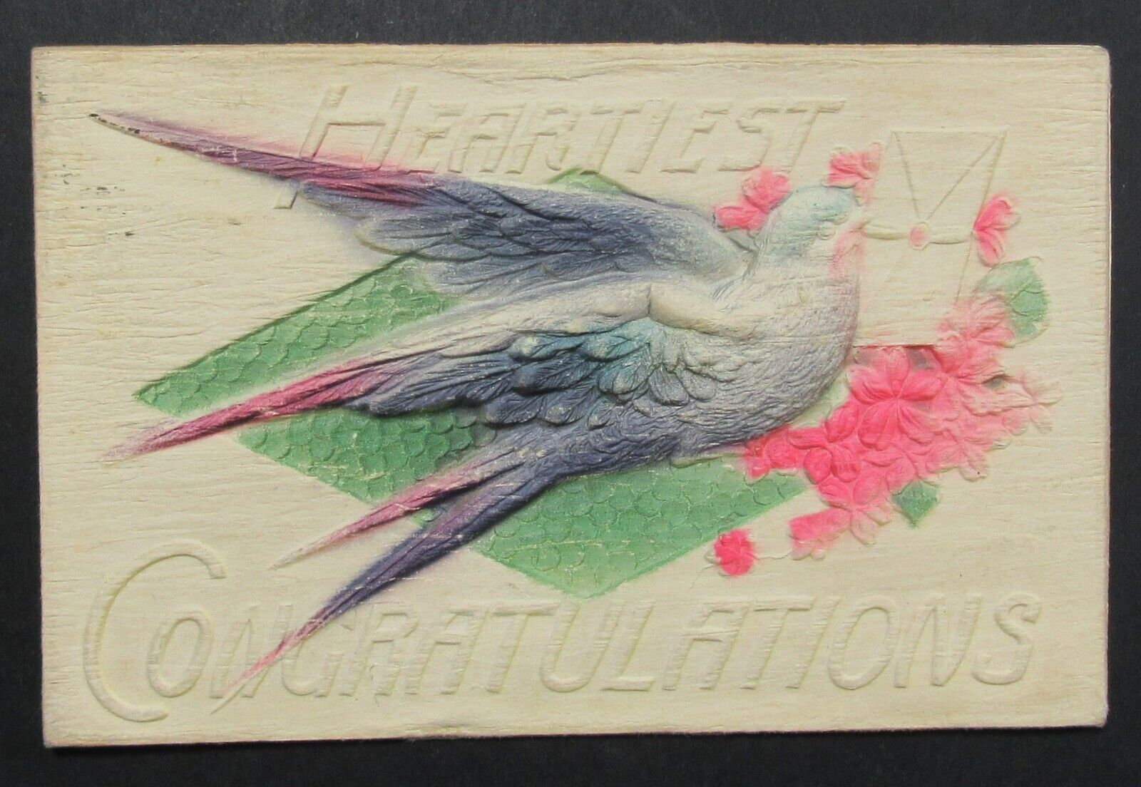 Heartiest Congratulations Bird Vintage Heavily Embossed Postcard Posted 1915