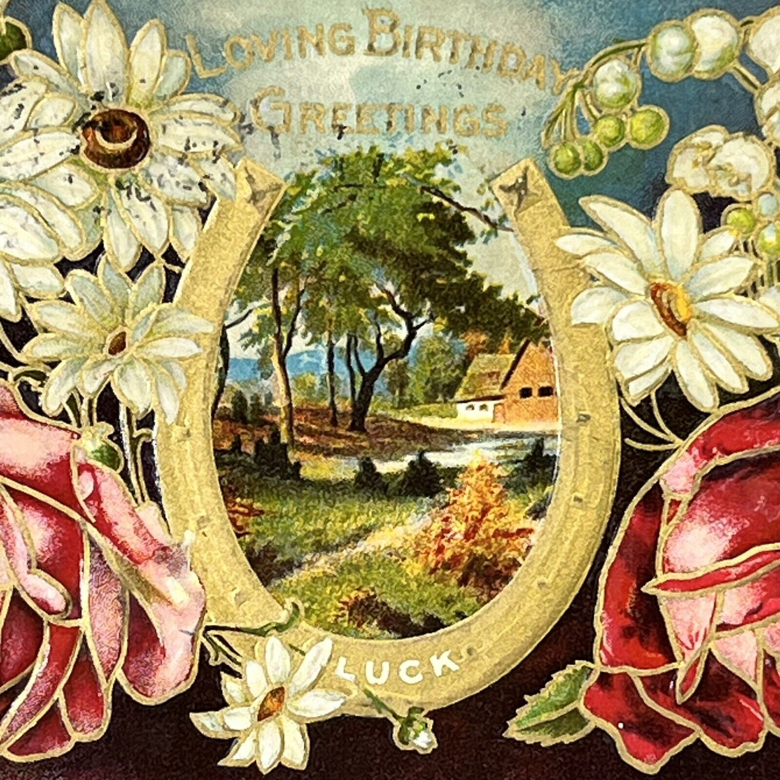 Vintage Loving Birthday Greetings Postcard Embossed Floral Horseshoe Posted 1909