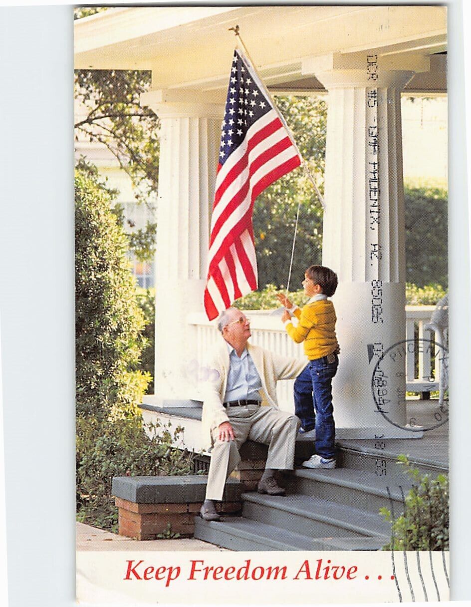 Postcard Keep Freedom Alive Grandfather & Grandson and Flag