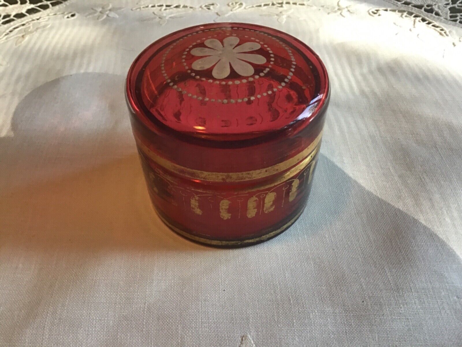 Antique cranberry  glass powder dresser jar 2 1/2\