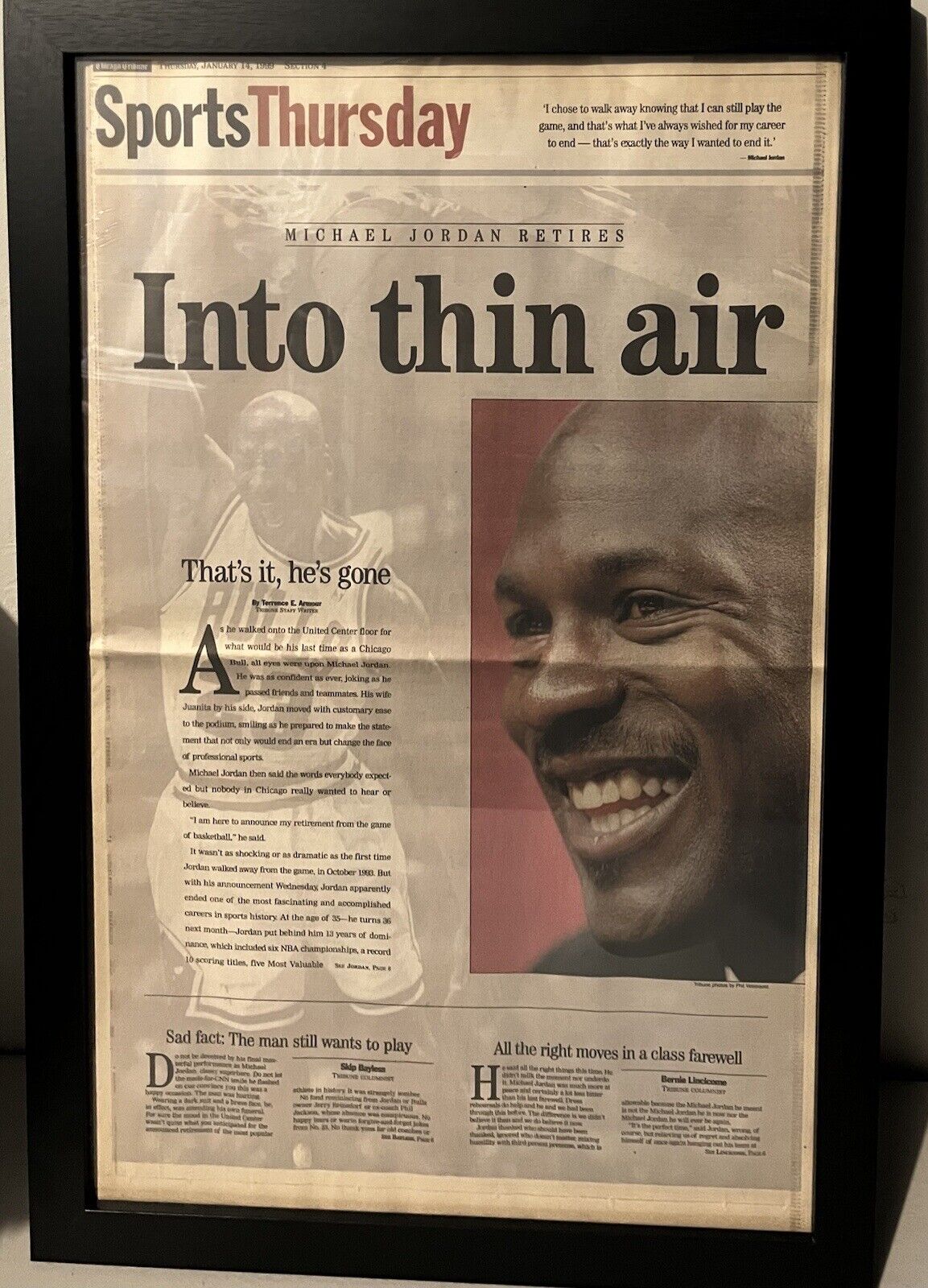Vintage 90’s Michael Jordan Retires Newspaper Authentic Framed Chicago Tribune